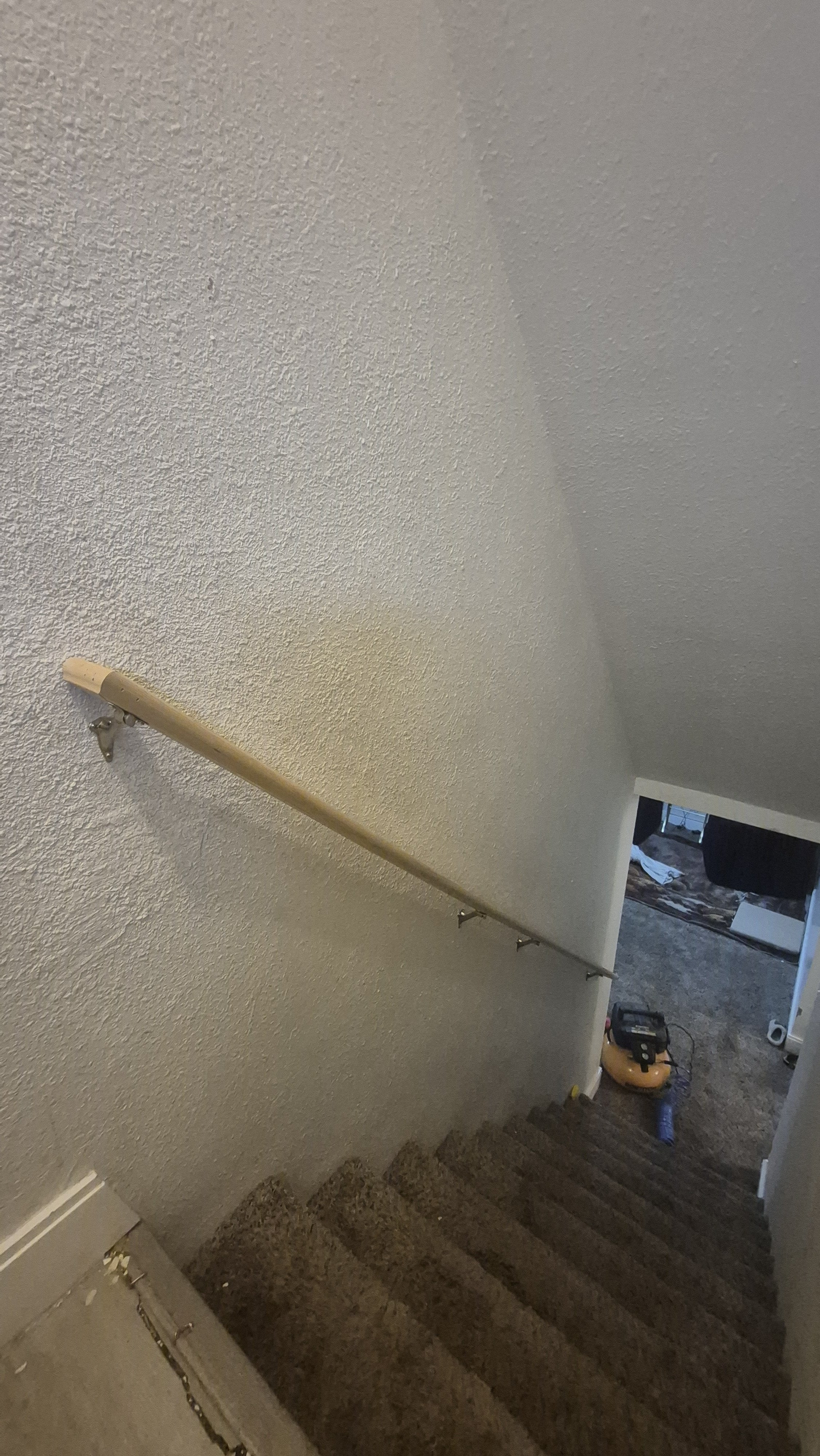 View of a staircase with carpeted steps and a ceiling-mounted handrail, leading to a basement or lower level with visible tools and items; Sloan Lake, Colorado