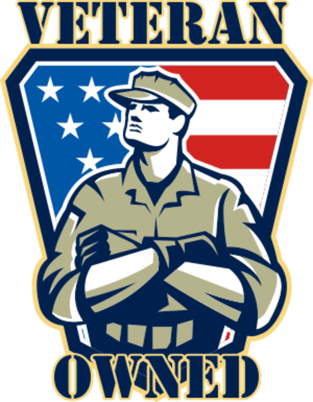 Graphic emblem with a soldier in uniform crossing his arms, set against a background of an American flag with stars and stripes, and the word 'VETERAN' at top and 'OWNED' at bottom.