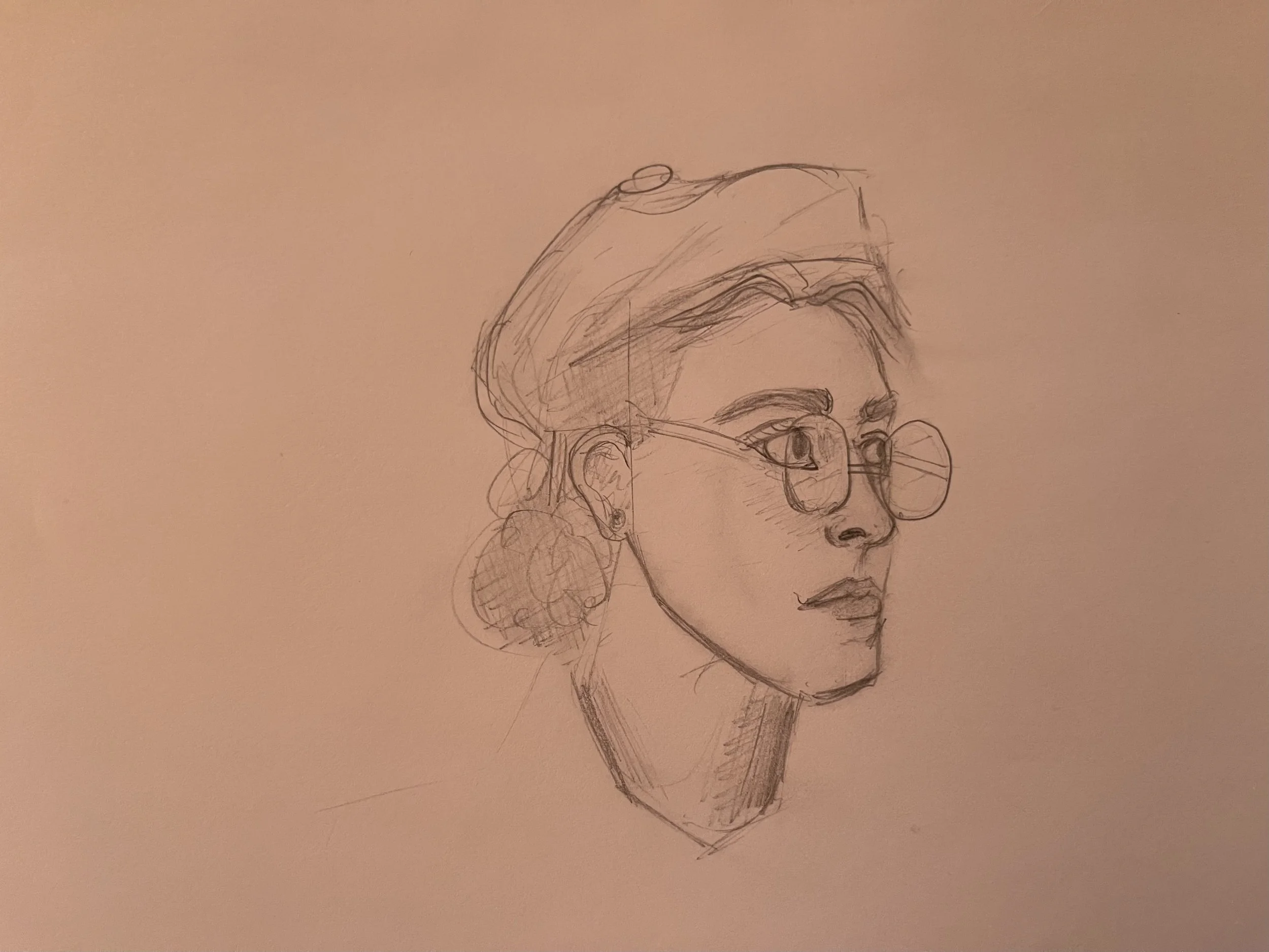 Quick pencil portrait sketch focused on capturing likeness with minimal lines and expressive facial features.