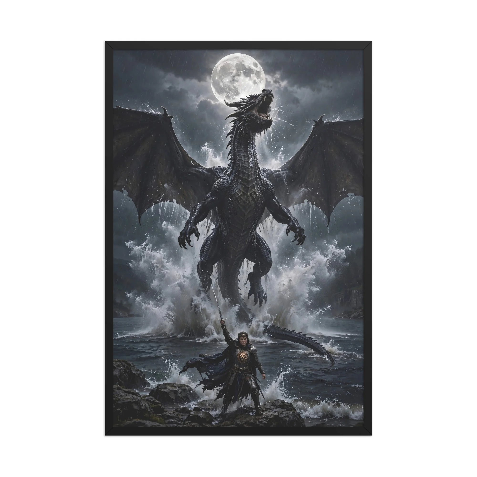 Stormsurge — Dragon Rising From the Sea, Dark Fantasy Framed Poster