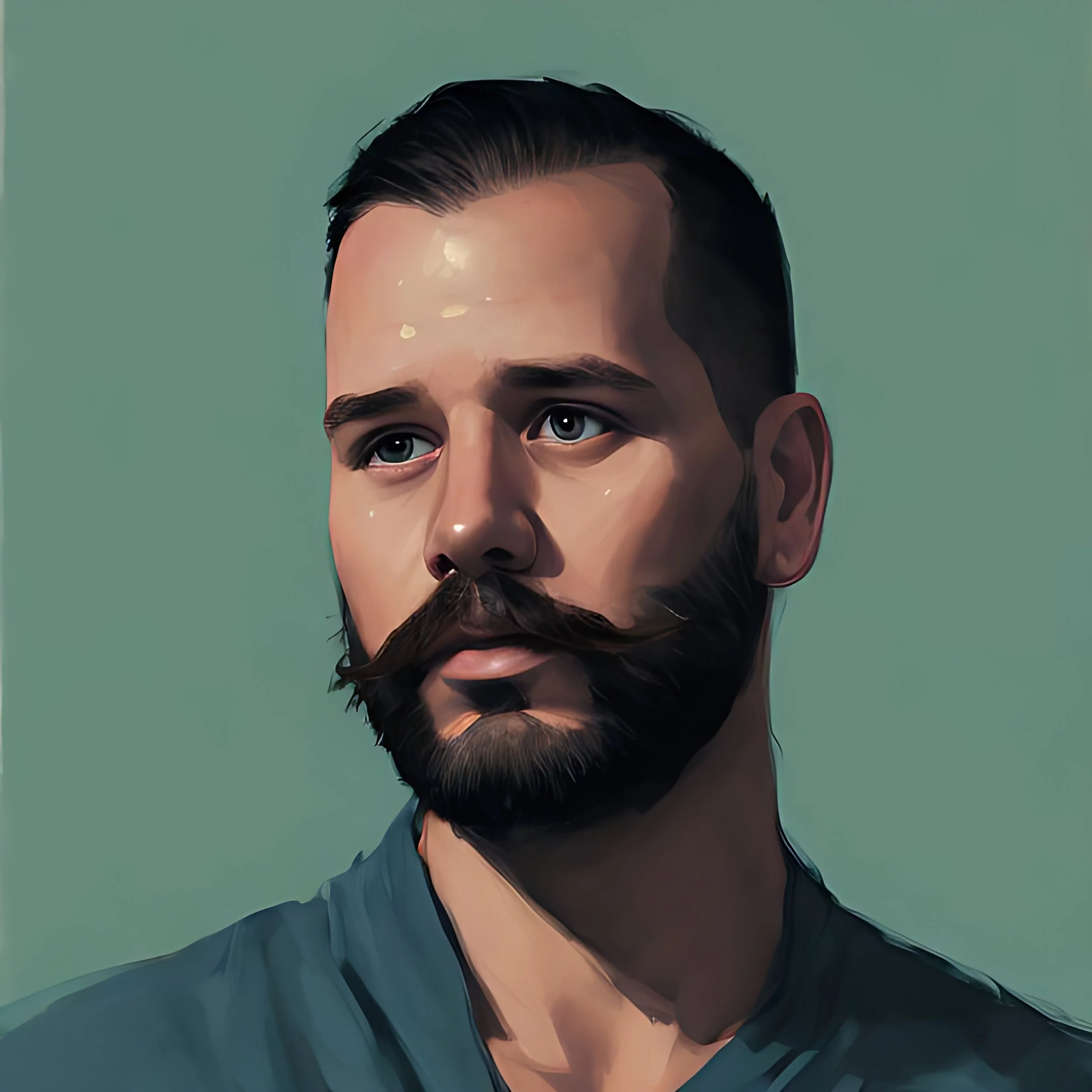 Digital painting of a young man with blue eyes, black hair styled back, and a beard, wearing a dark shirt, with a teal background.