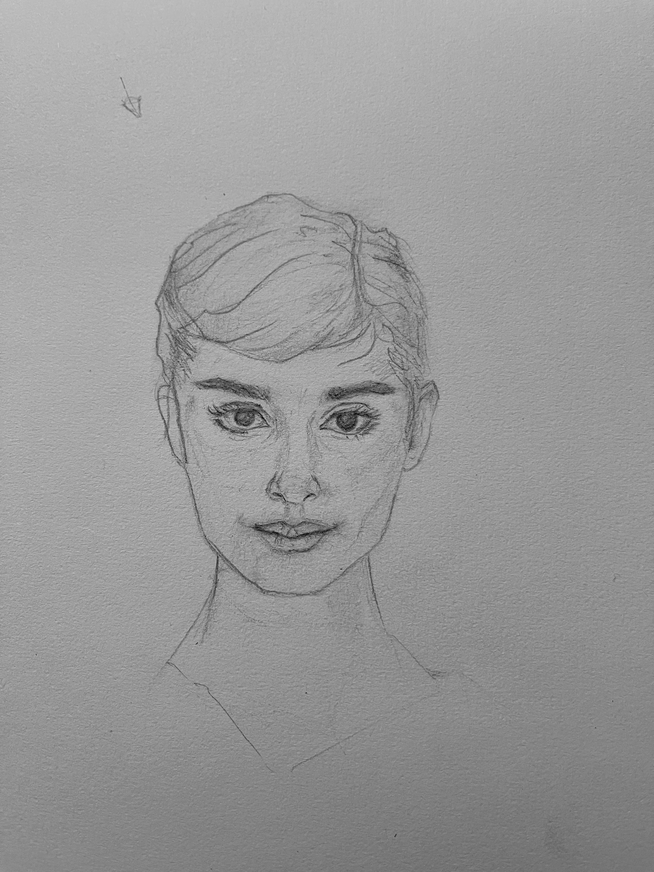 A pencil sketch of a woman's face with detailed eyes, eyebrows, nose, lips, and hair, on textured paper.