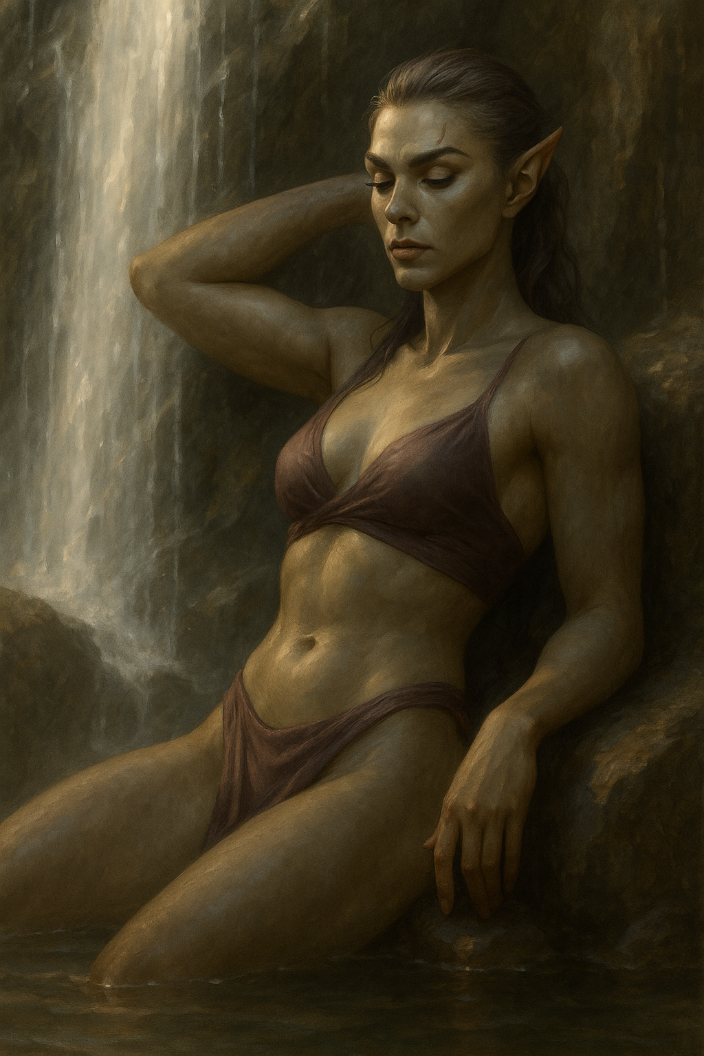 A fantasy-style painting of a female elf with long, dark hair, pointed ears, and a focused expression, sitting near a waterfall.