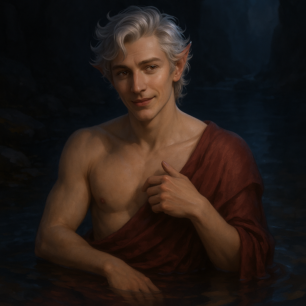 A young man with silver hair and pointed elf ears, shirtless, with a red cloth draped over one shoulder, standing in dark water with a rocky background.