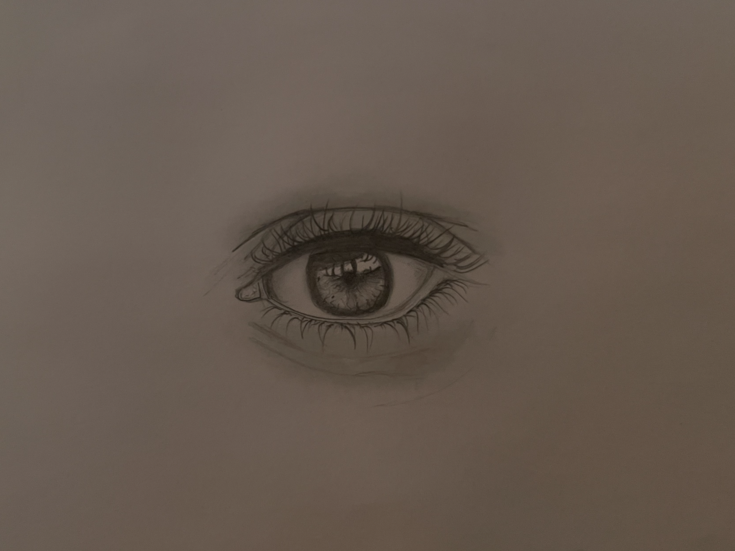 A detailed pencil sketch of a human eye, showing the eye with eyelashes, iris, and reflections in the pupil.