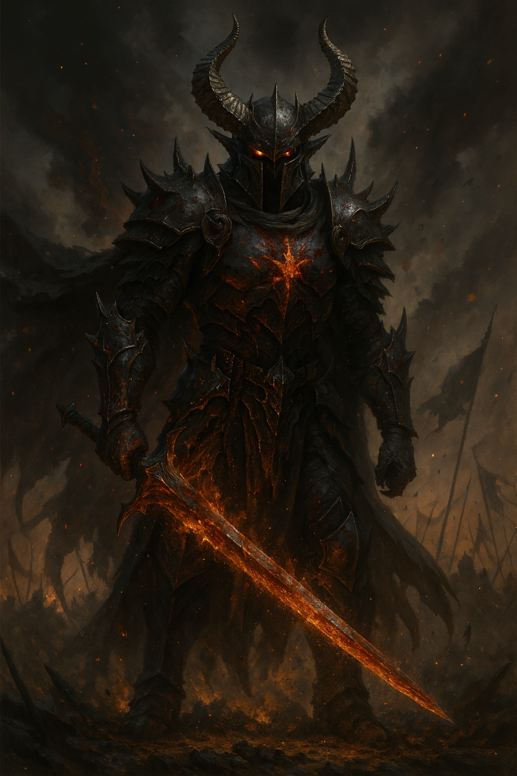 A dark fantasy warrior dressed in black armor with fiery accents, wielding a glowing fiery sword. The background shows a smoky, war-torn landscape.