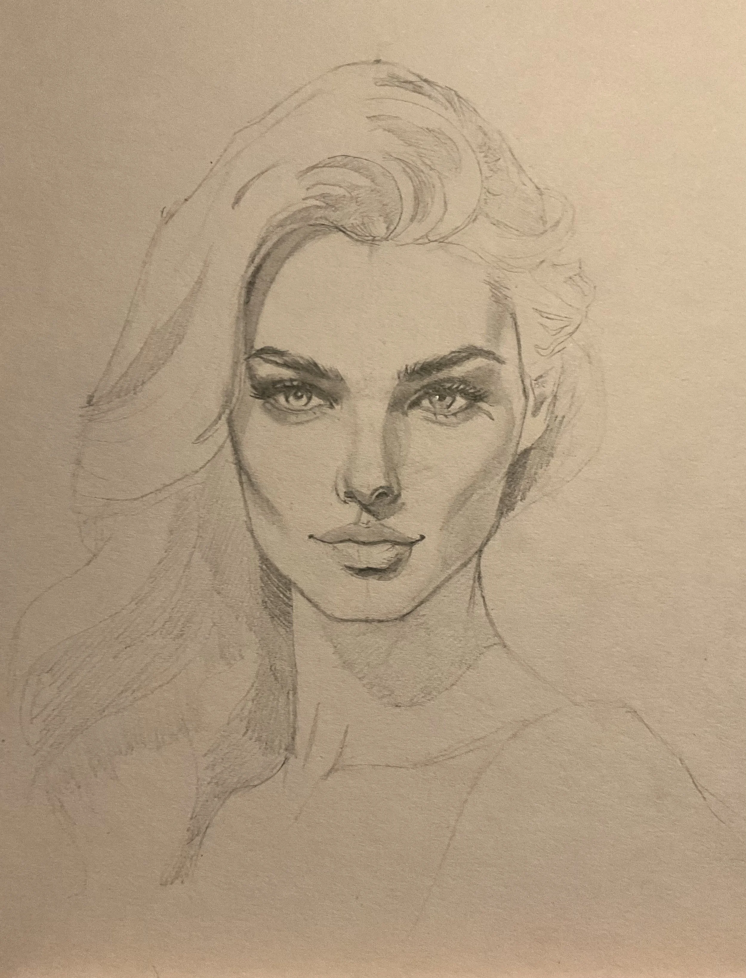 A pencil sketch of a woman with wavy hair, arched eyebrows, detailed eyes, defined nose, and full lips.