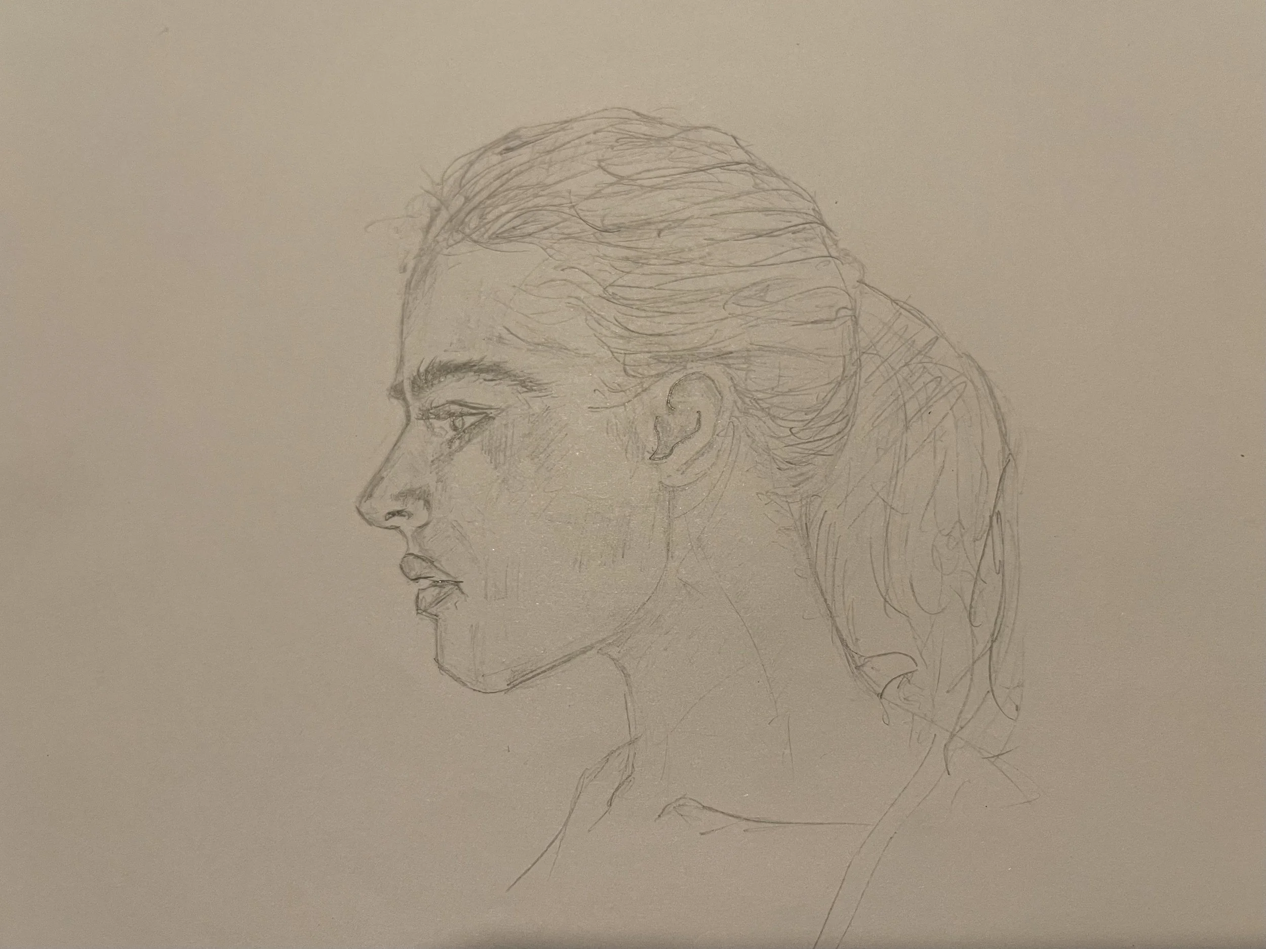 Graphite profile drawing of a woman in side view, focused on head structure, proportions, and clean linework.