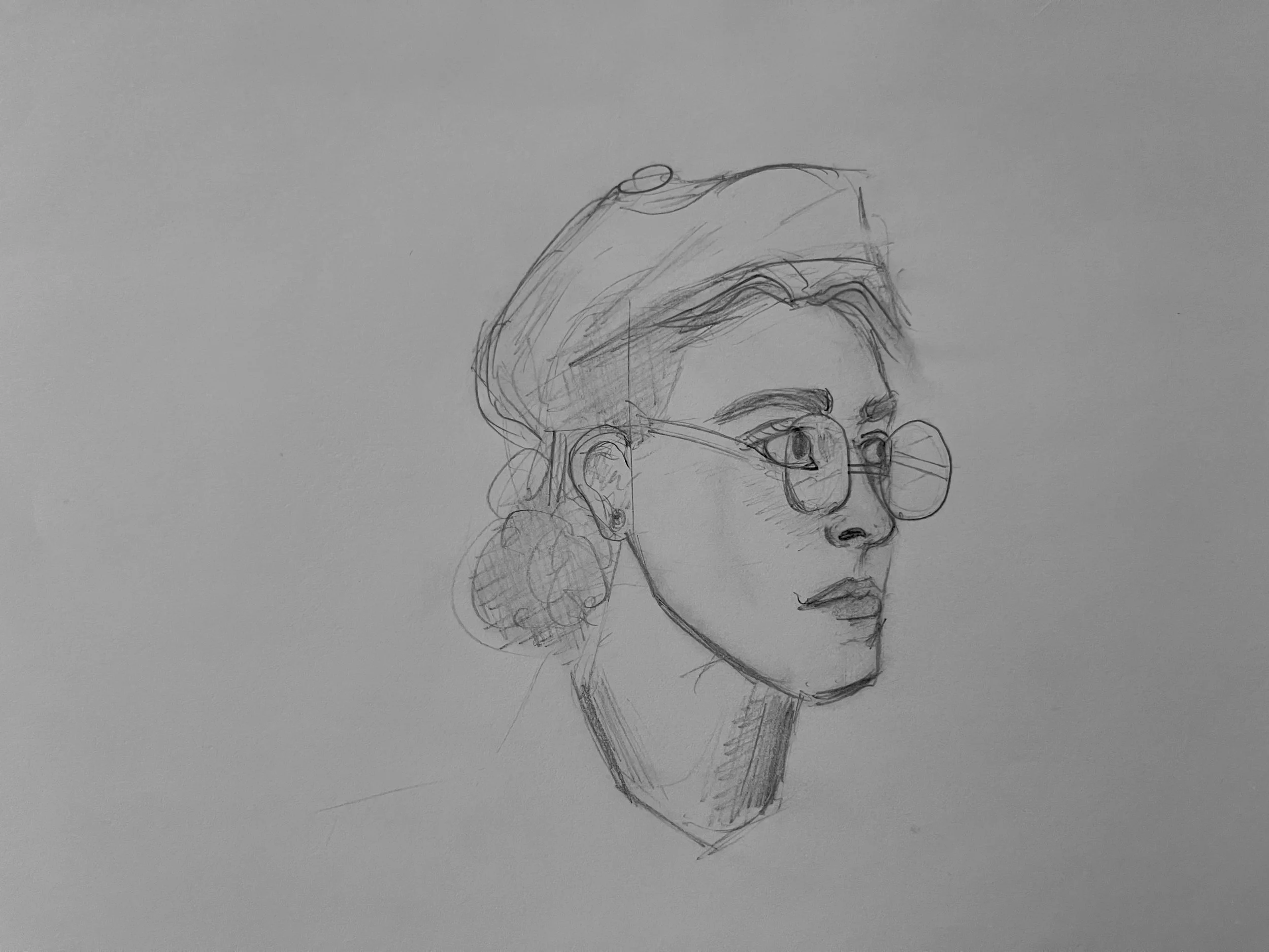 Quick pencil portrait sketch focused on capturing likeness with minimal lines and expressive facial features.