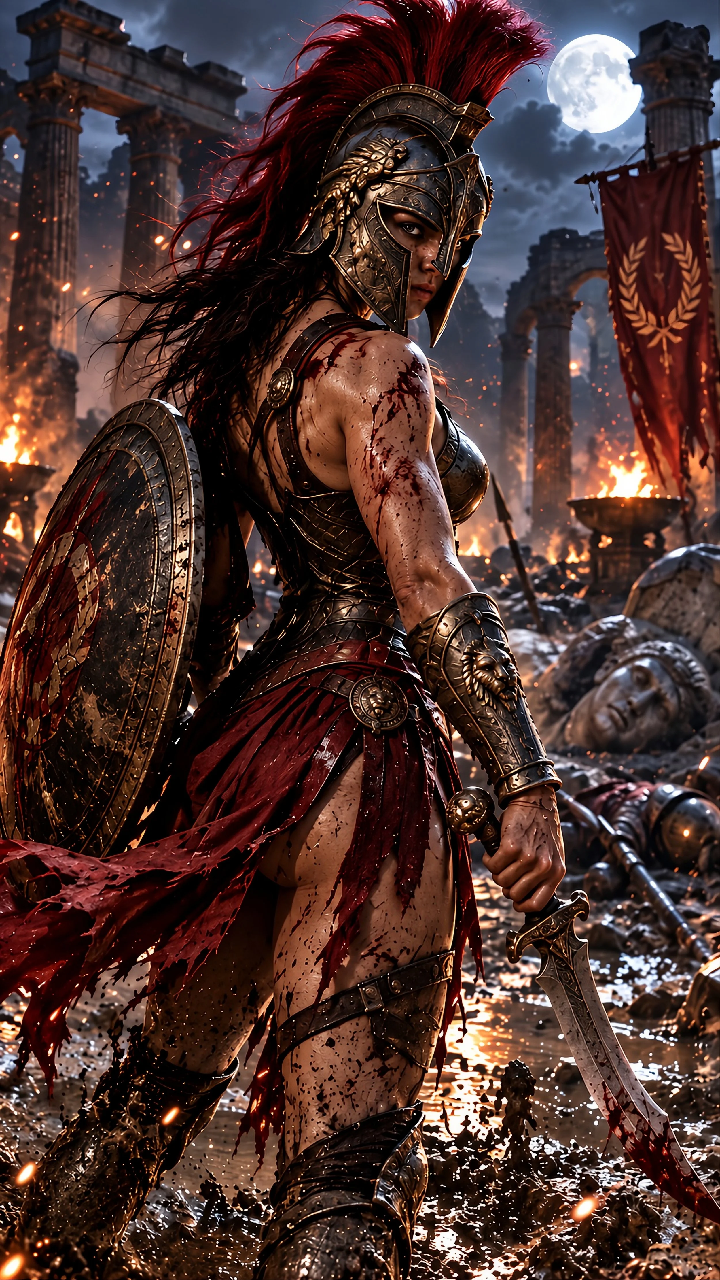 A female warrior in ancient armor with a red plume helmet, holding a sword, standing amidst a battlefield with fallen soldiers, ruins, fire, and full moon in the background.