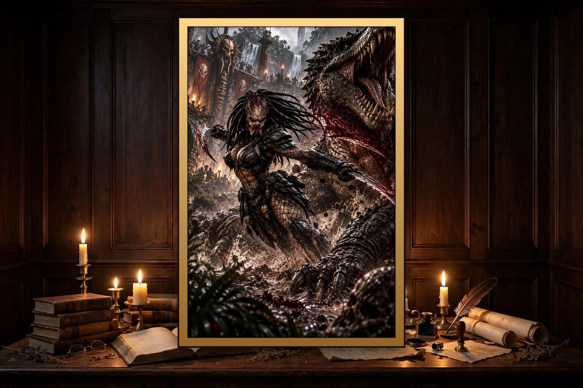 Swamp Predator warrior queen dark fantasy poster in a dark throne room