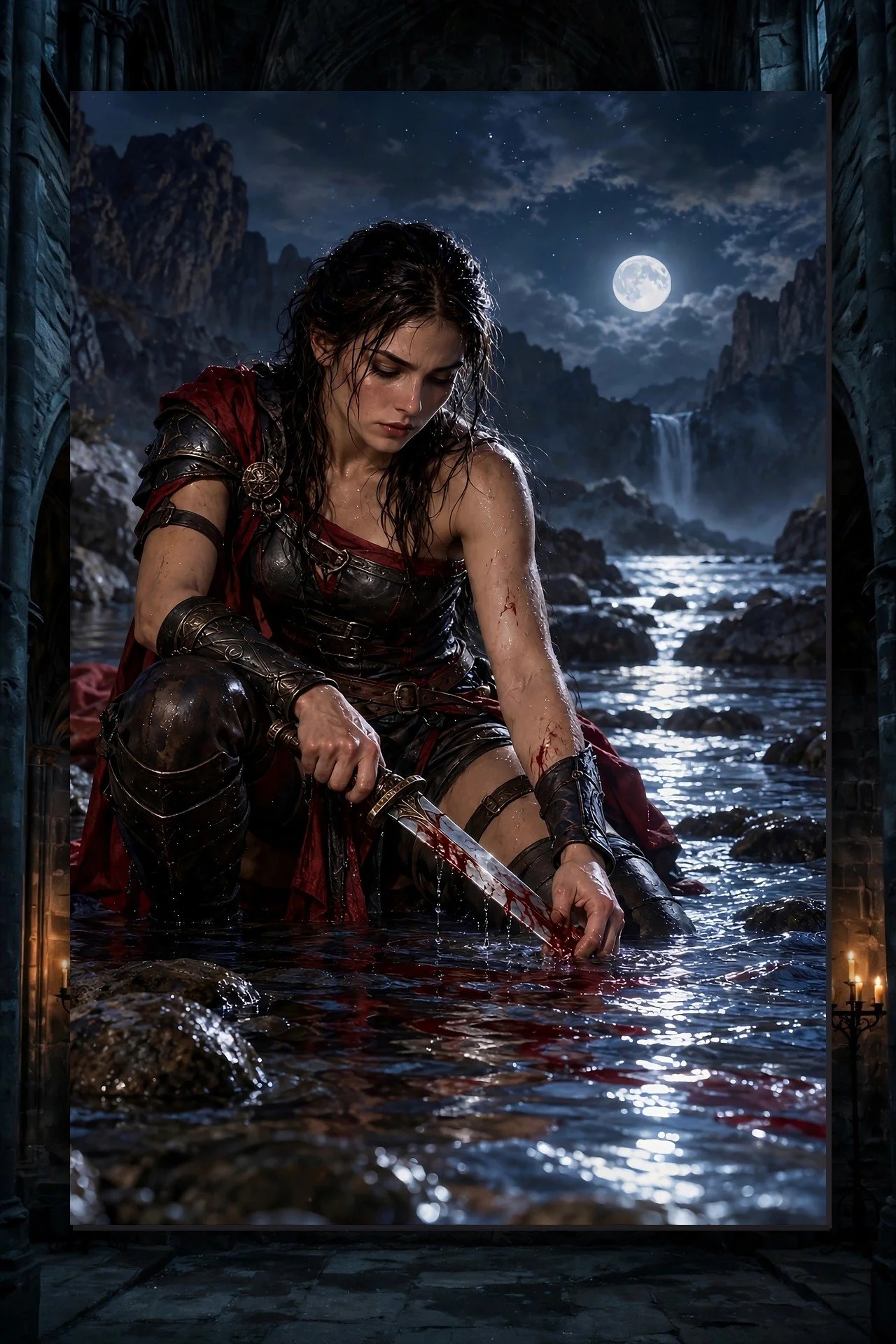 The Riverblade Oath — Moonlit Swordswoman, Dark Fantasy Canvas