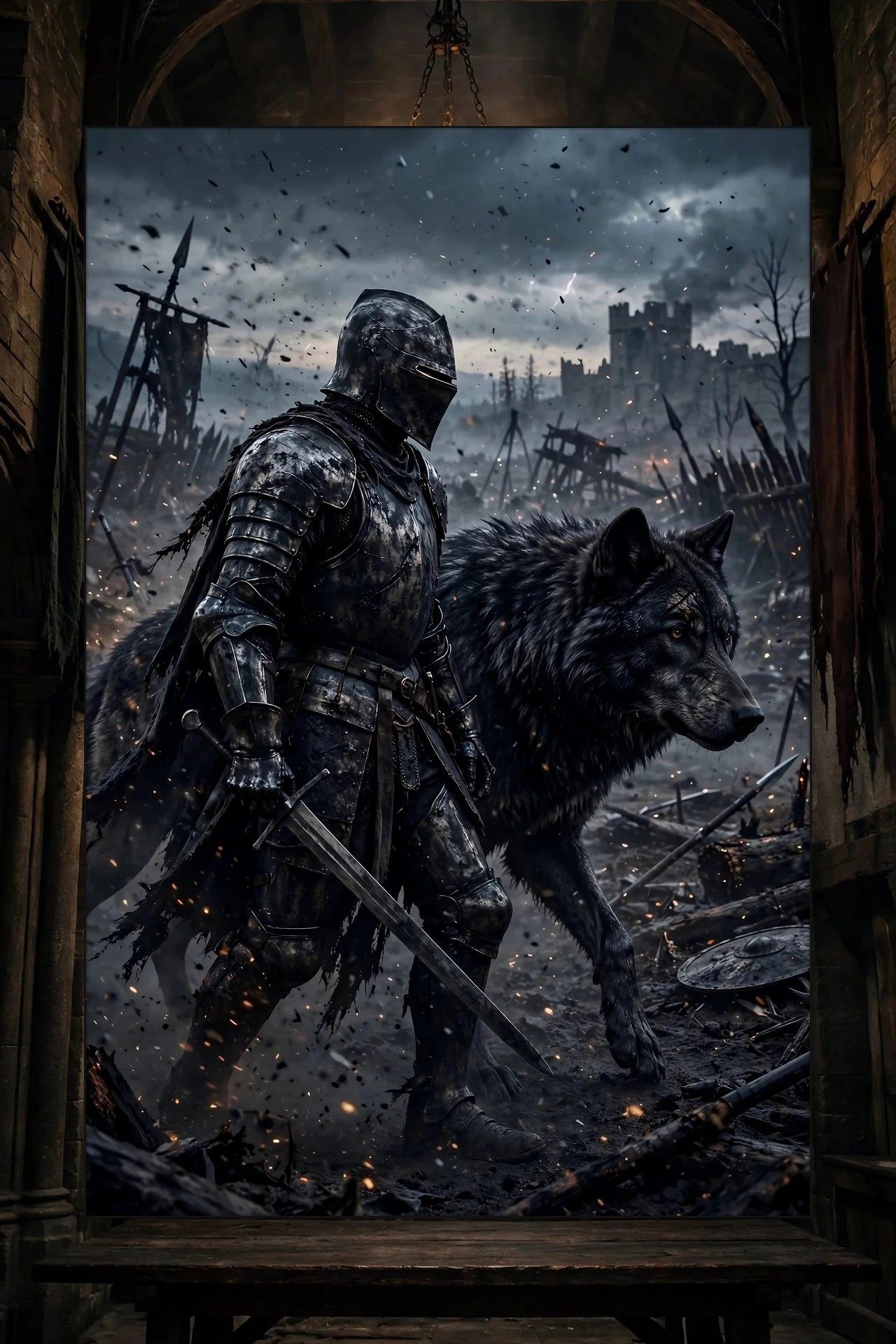 Dark Knight & Wolf — Dark Fantasy Canvas