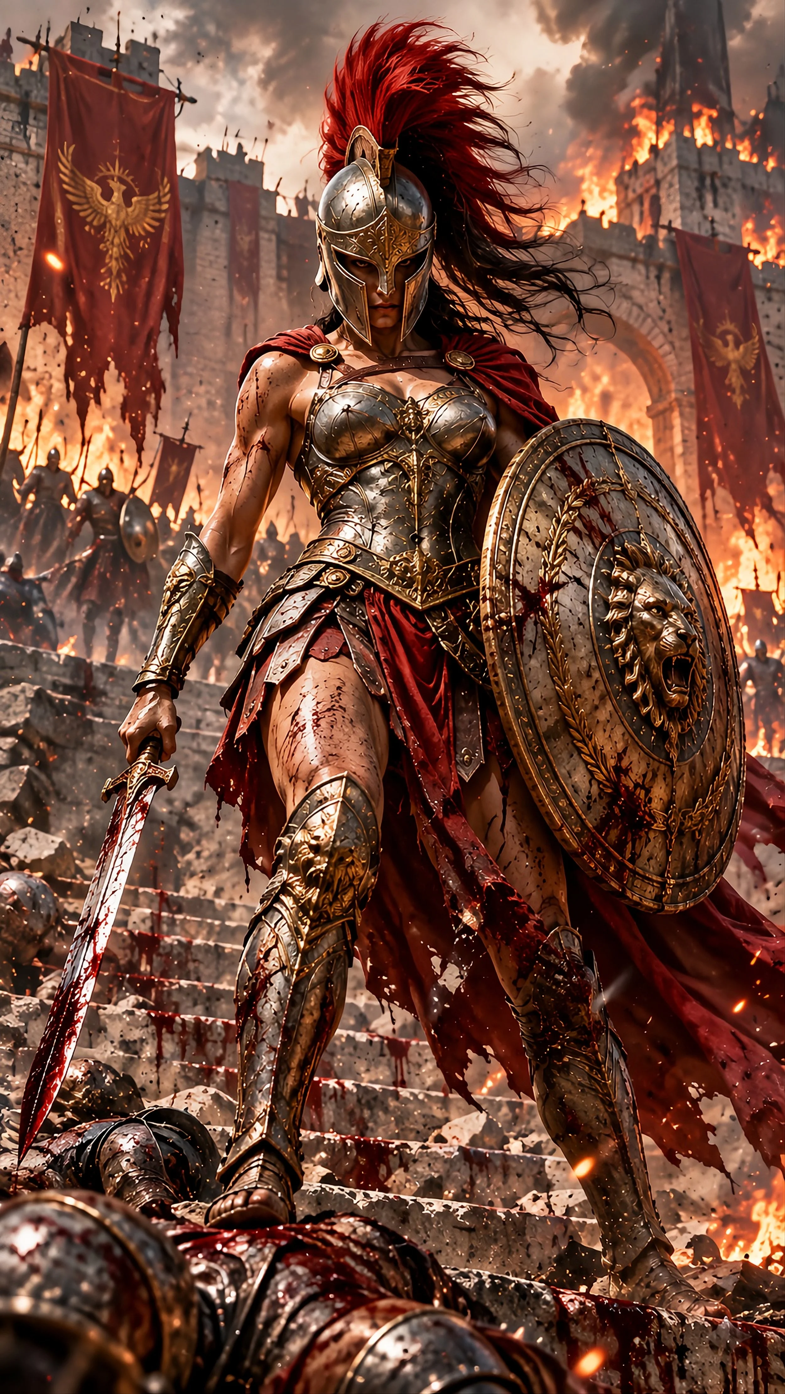 A fierce female warrior dressed in bloodstained armor with a helmet and shield, standing over fallen enemies in a burning battlefield with flags and a castle in flames behind her.