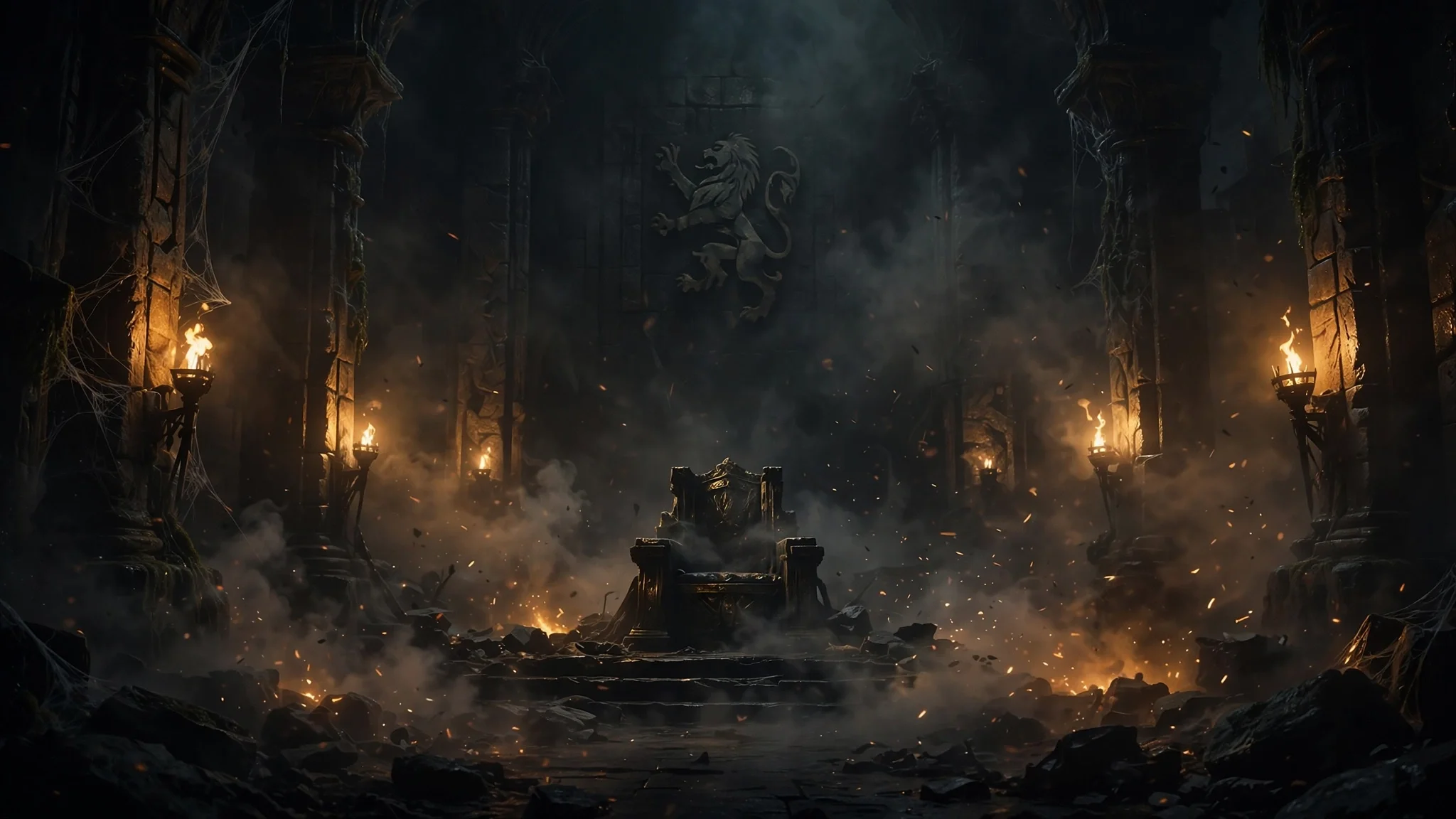 A dark, ominous throne room with stone columns covered in spider webs, lit by torches. A lion emblem is on the wall behind an empty throne, with smoke and embers scattered around the floor.