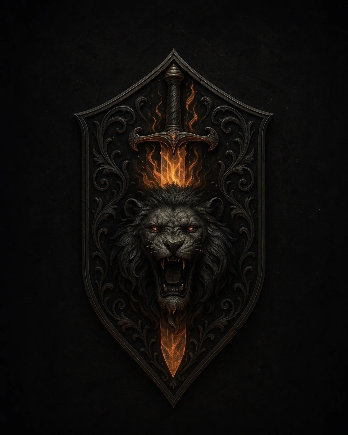 A dark, ornate shield with a fierce lion's head in the center, a sword piercing through the top of the shield with flames emanating from the point of impact.