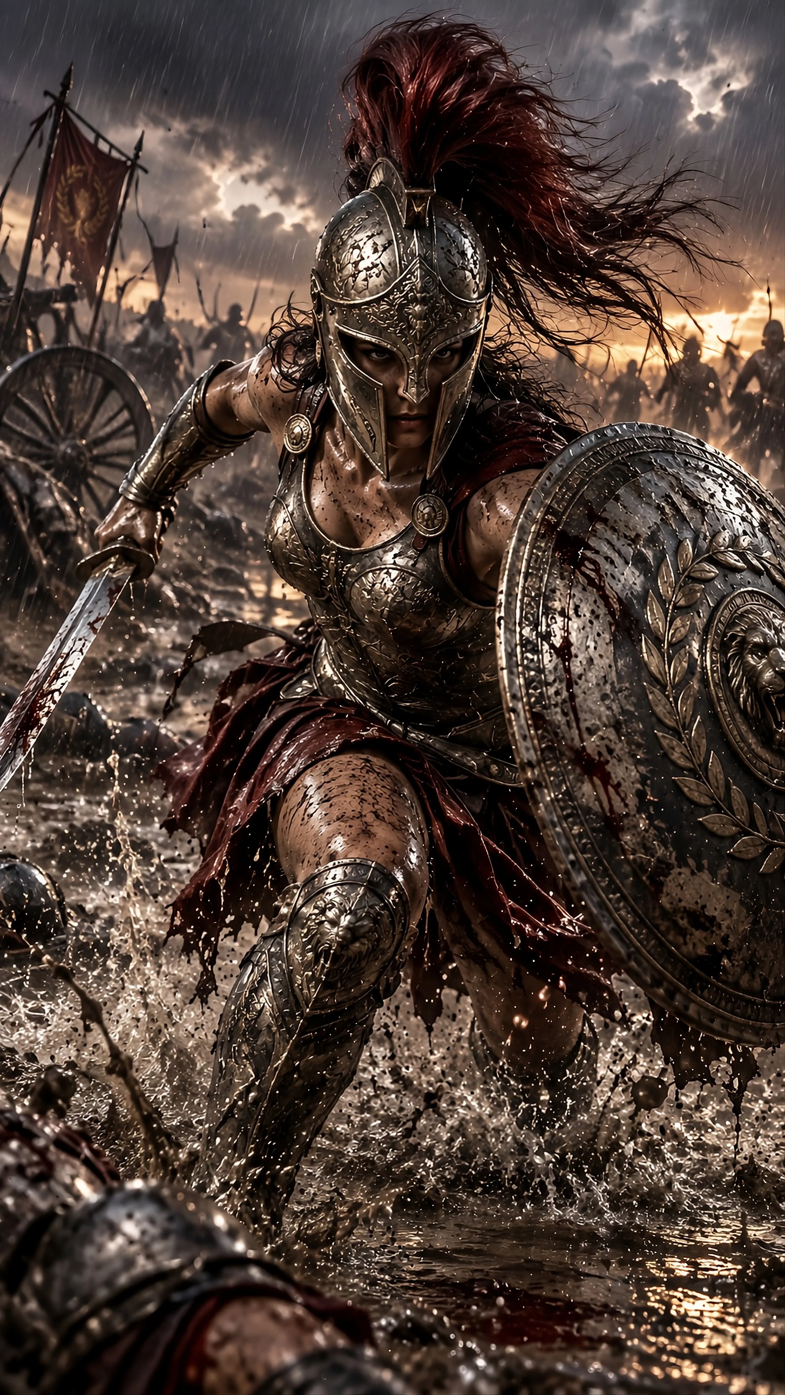 A fierce female warrior in armor, brandishing a sword and shield, charges through a muddy battlefield during a stormy sunset, with a horde of soldiers in the background.