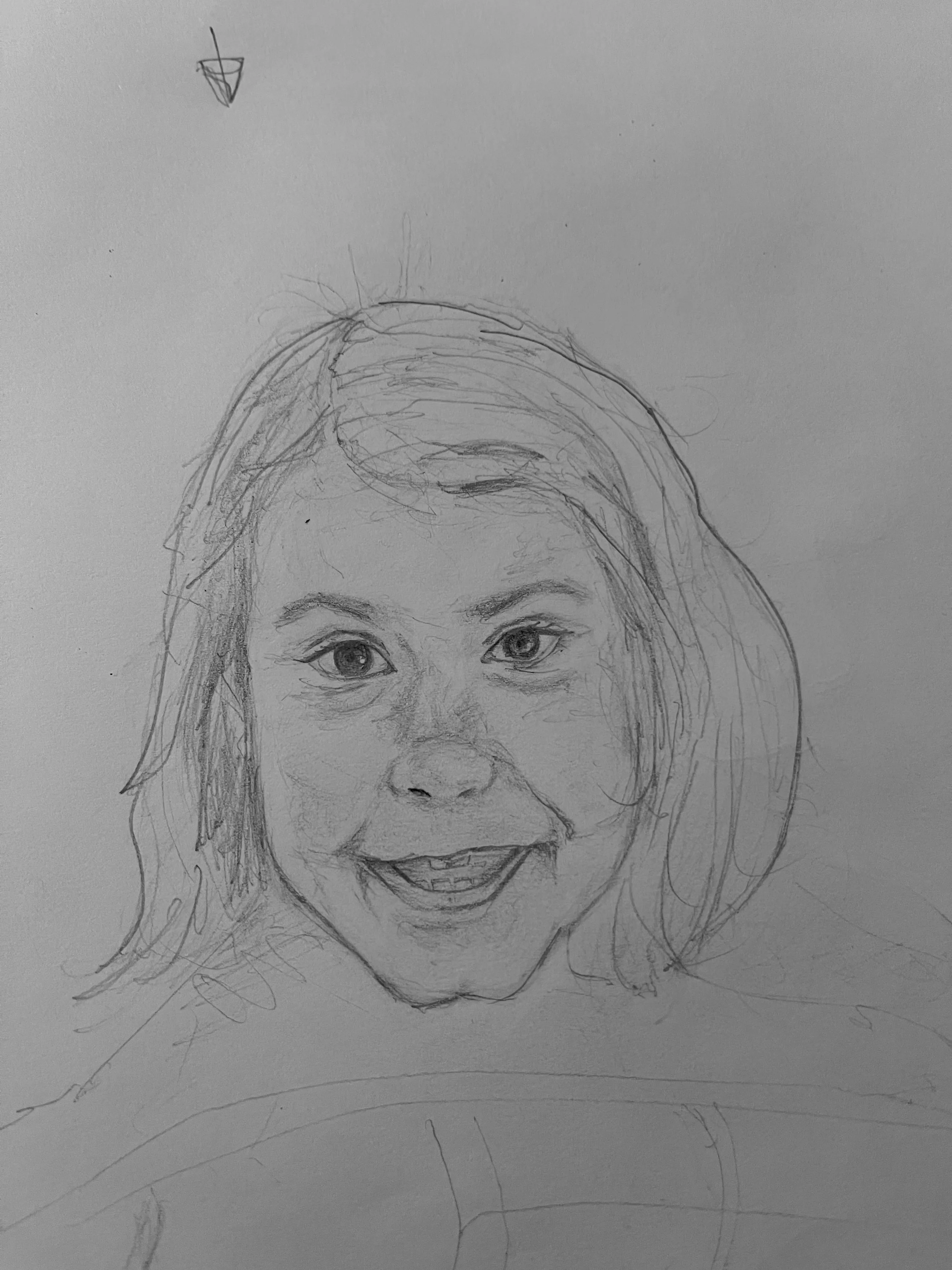 A pencil sketch of a woman with an expressive face, curly hair, and detailed eyes, smiling.