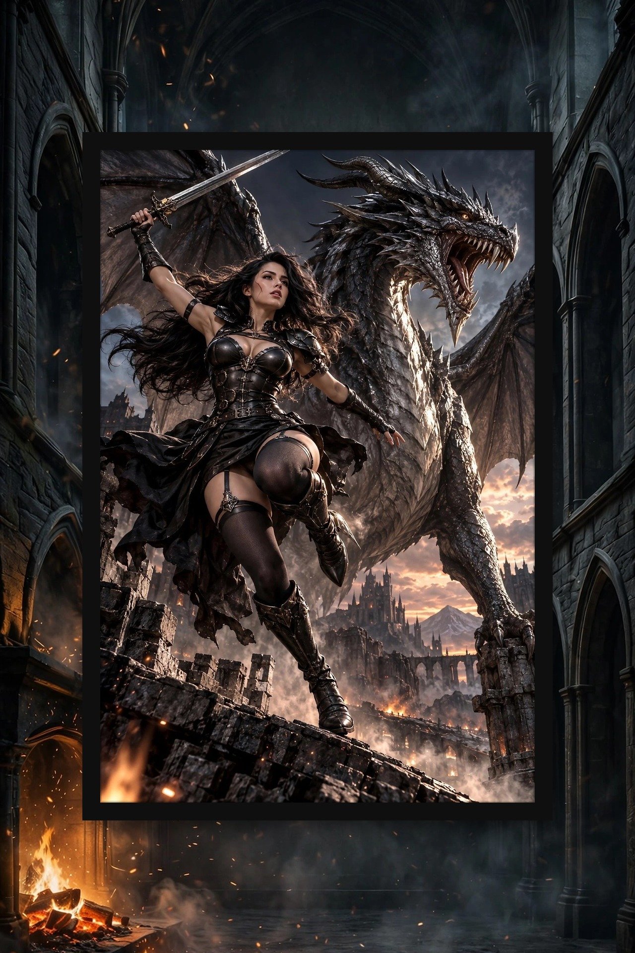 Dragonfire Warrior — Dark Fantasy Framed Poster