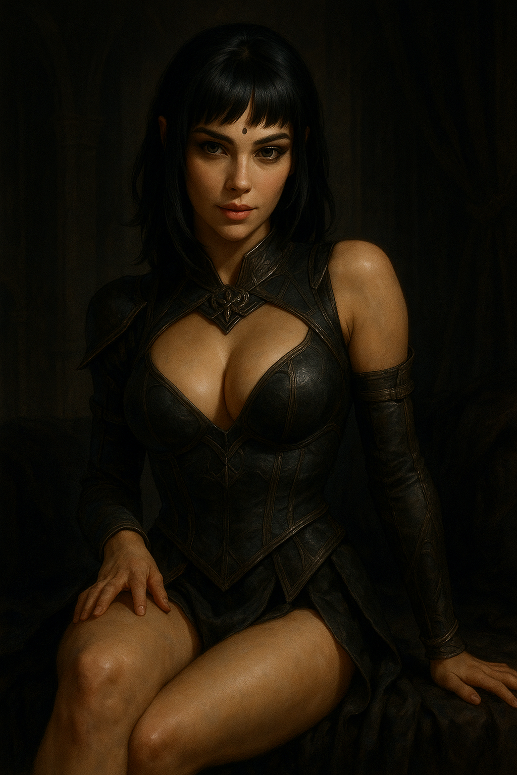 A woman with black hair and a black leather armor dress, sitting on a dark bed with a dark background.