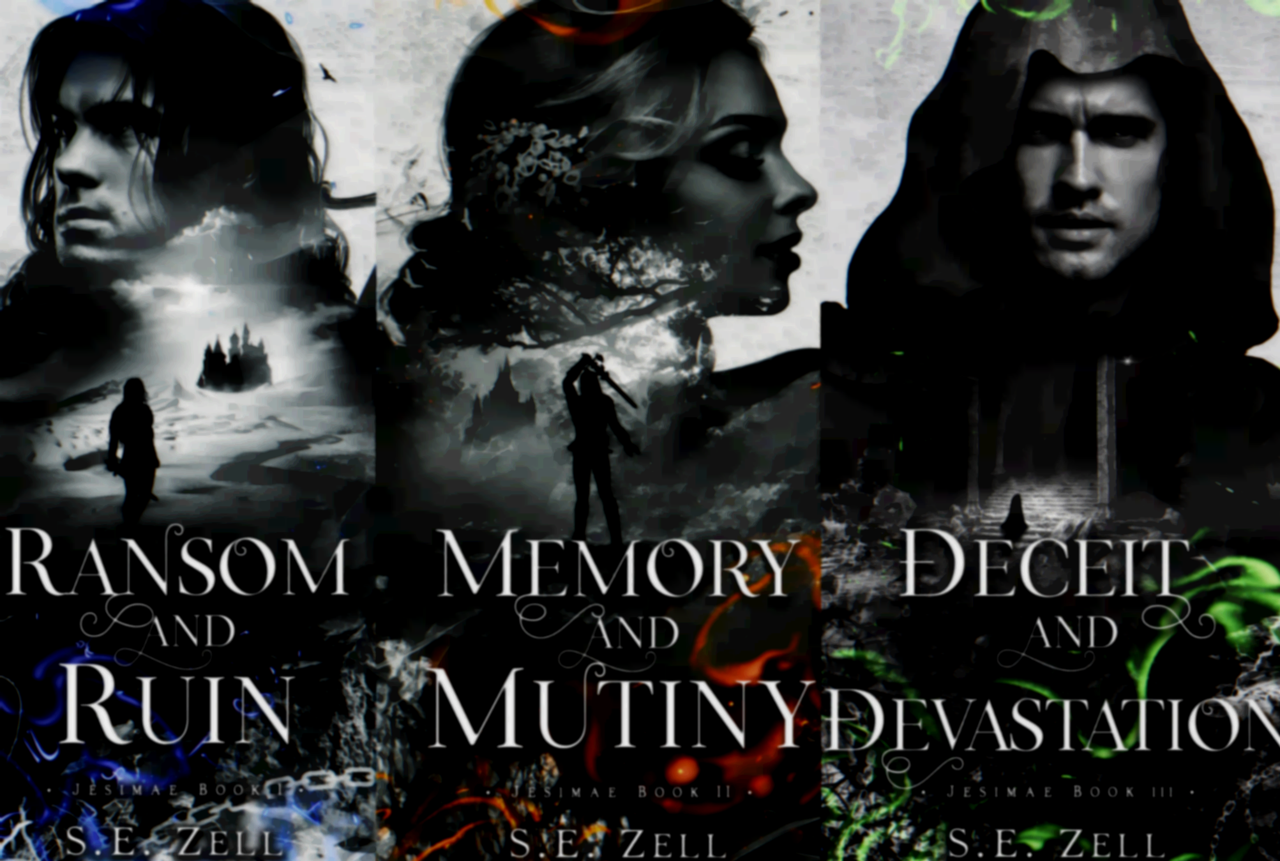 Book covers for a series titled 'Jesimae' by S.E. Zell, featuring dark fantasy themes with silhouettes of characters, mystical landscapes, and a title with phrases 'Ransom, Memory, Deceit, Ruin, Mutiny, and Devastation.'