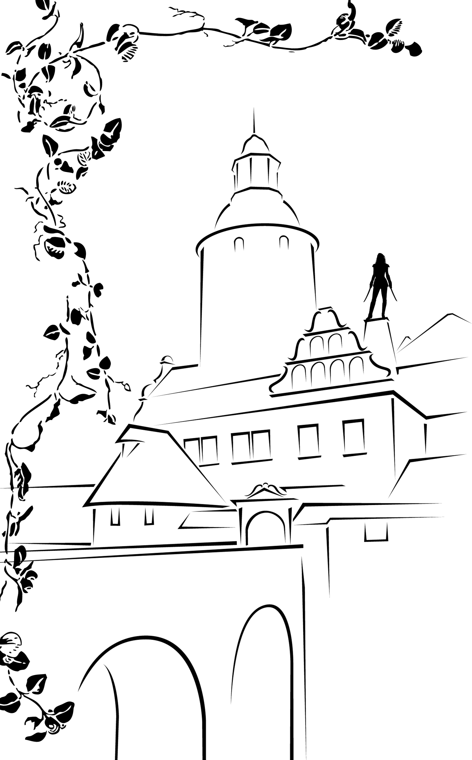 A black and white line drawing of a castle with a large tower, a smaller tower, and a flamestick statue. A stone arch bridge is in the foreground, and a branch with leaves is on the left side.
