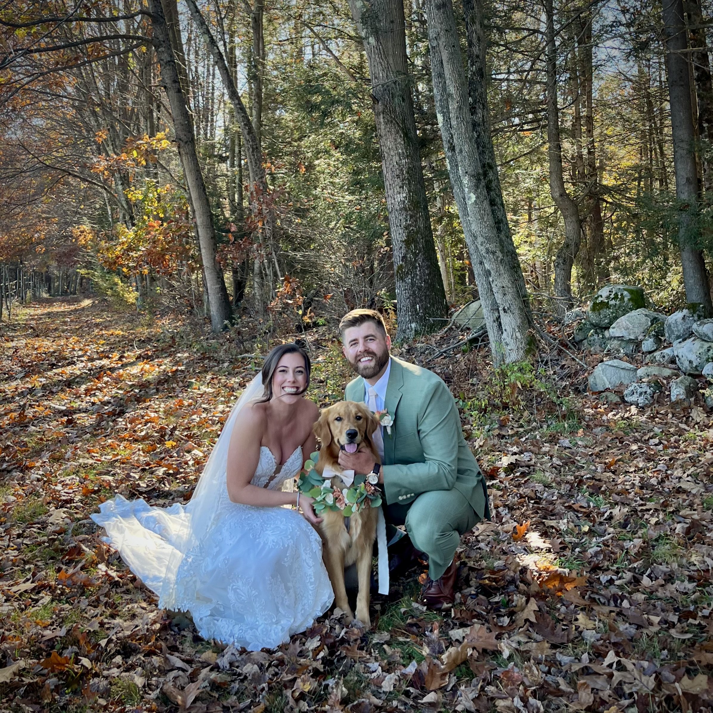 A bride and groom in wedding attire posing in a forest with their dog, surrounded by autumn leaves and trees.