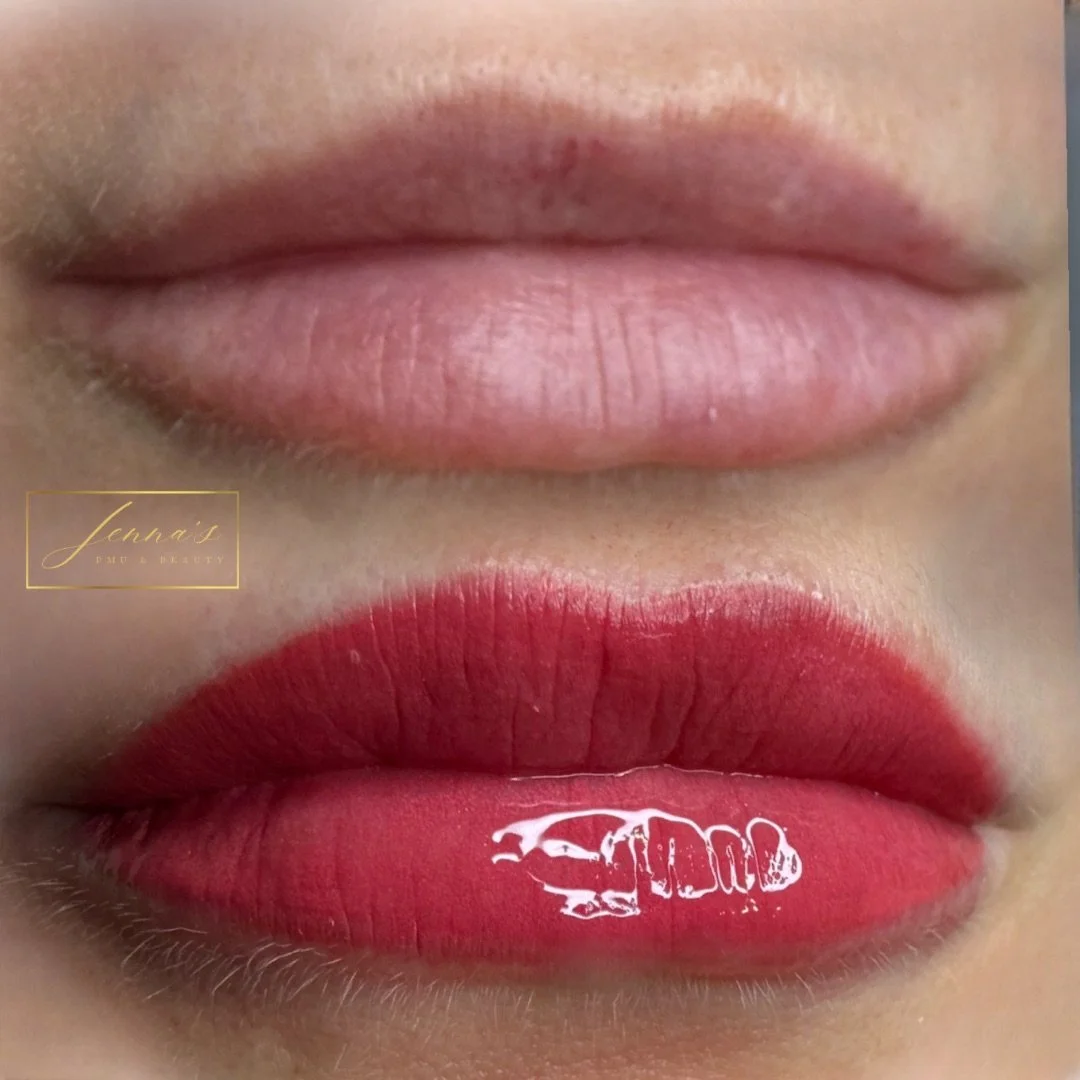 Close-up of lips with natural lipstick applying red gloss, and a small clear gloss on bottom lip, with a light skin tone.