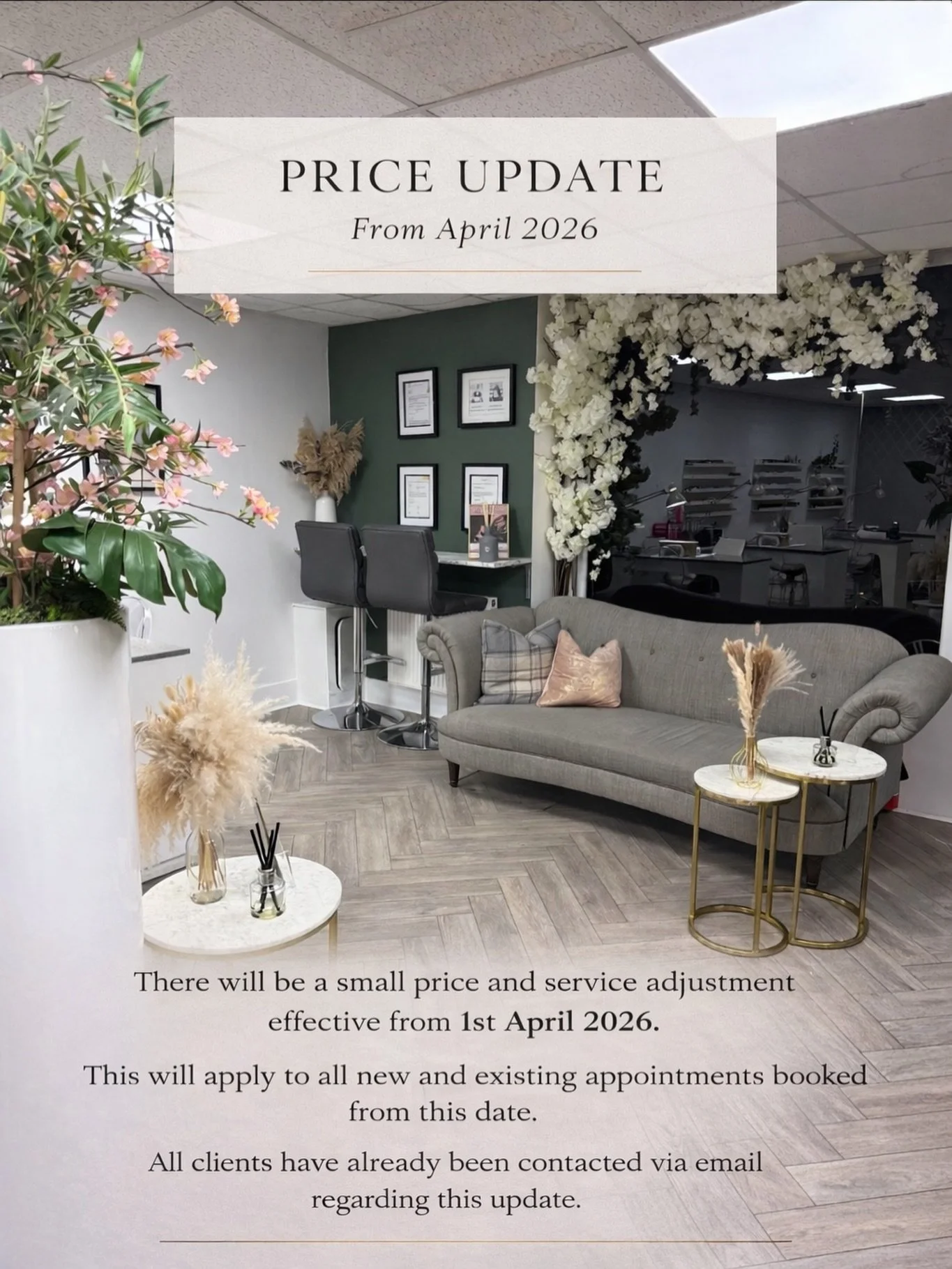 PRICE UPDATE &ndash; APRIL 2026

From 1st April 2026, there will be a small adjustment to some of our treatment prices and service structure.

This will apply to all new and existing appointments booked from this date.

All clients have already been 