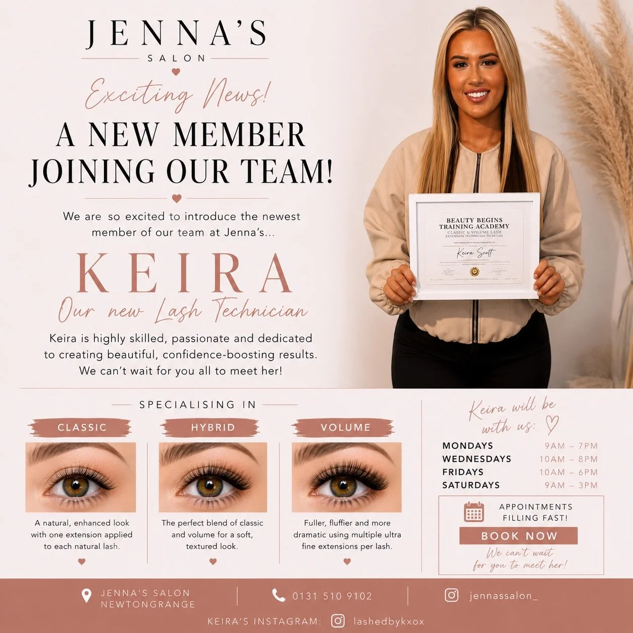 ✨ NEW TEAM MEMBER ✨

We are so excited to officially welcome Keira to the Jenna&rsquo;s team from 1st June 🤍

Keira is a talented Lash Technician specialising in:
▫️ Volume Lash Extensions
▫️ Hybrid Lash Extensions
▫️ Classic Lash Extensions

Keira 