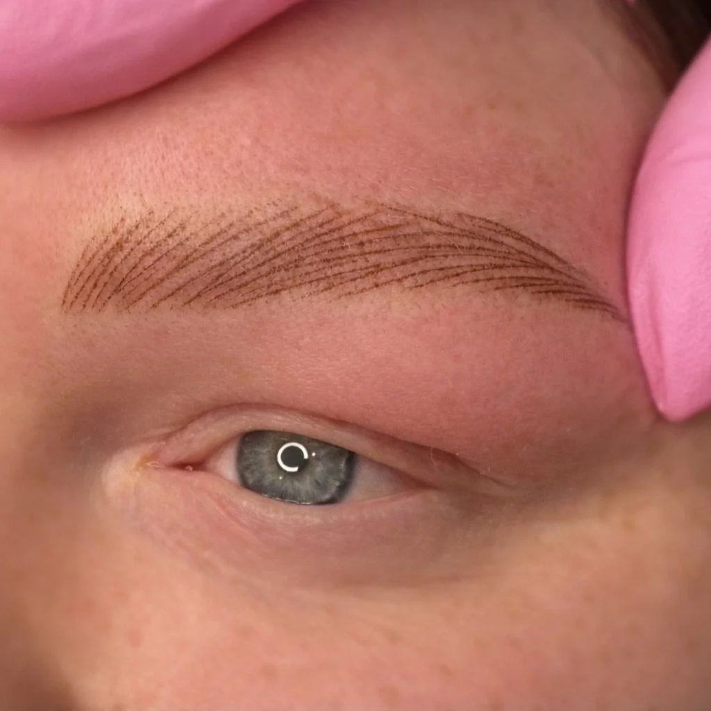 Close-up of a person's eye with grayish-blue iris and a faint light reflection, partially covered by eyelid, with a freshly tattooed eyebrow featuring thin, precise hair strokes, and pink gloves visible at the top right corner.