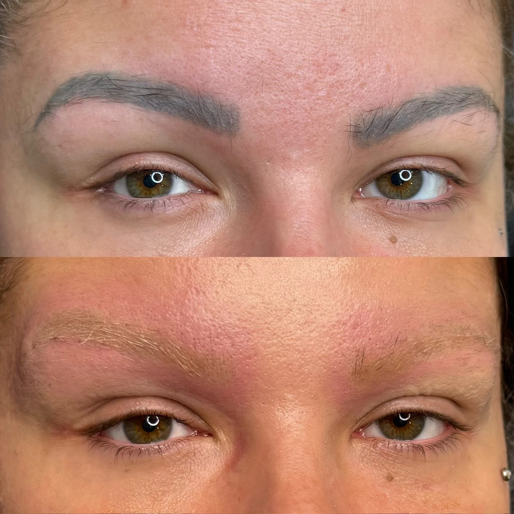 Close-up of a person's eyes before and after eyebrow grooming, showing changes in eyebrow shape and appearance.