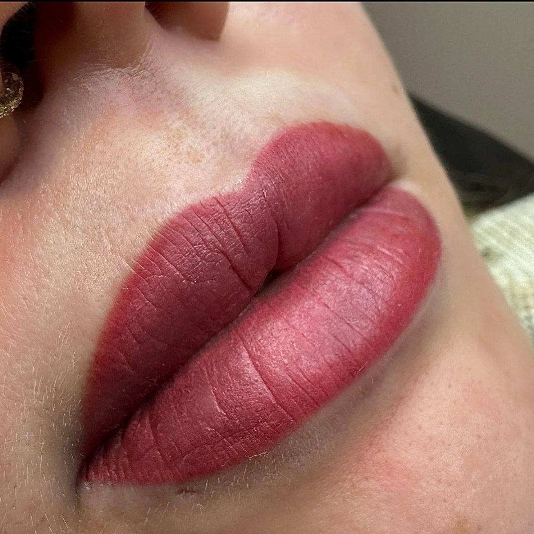 Close-up of a person's lips with matte, mauve lipstick, with visible lip texture and natural skin around the lips.