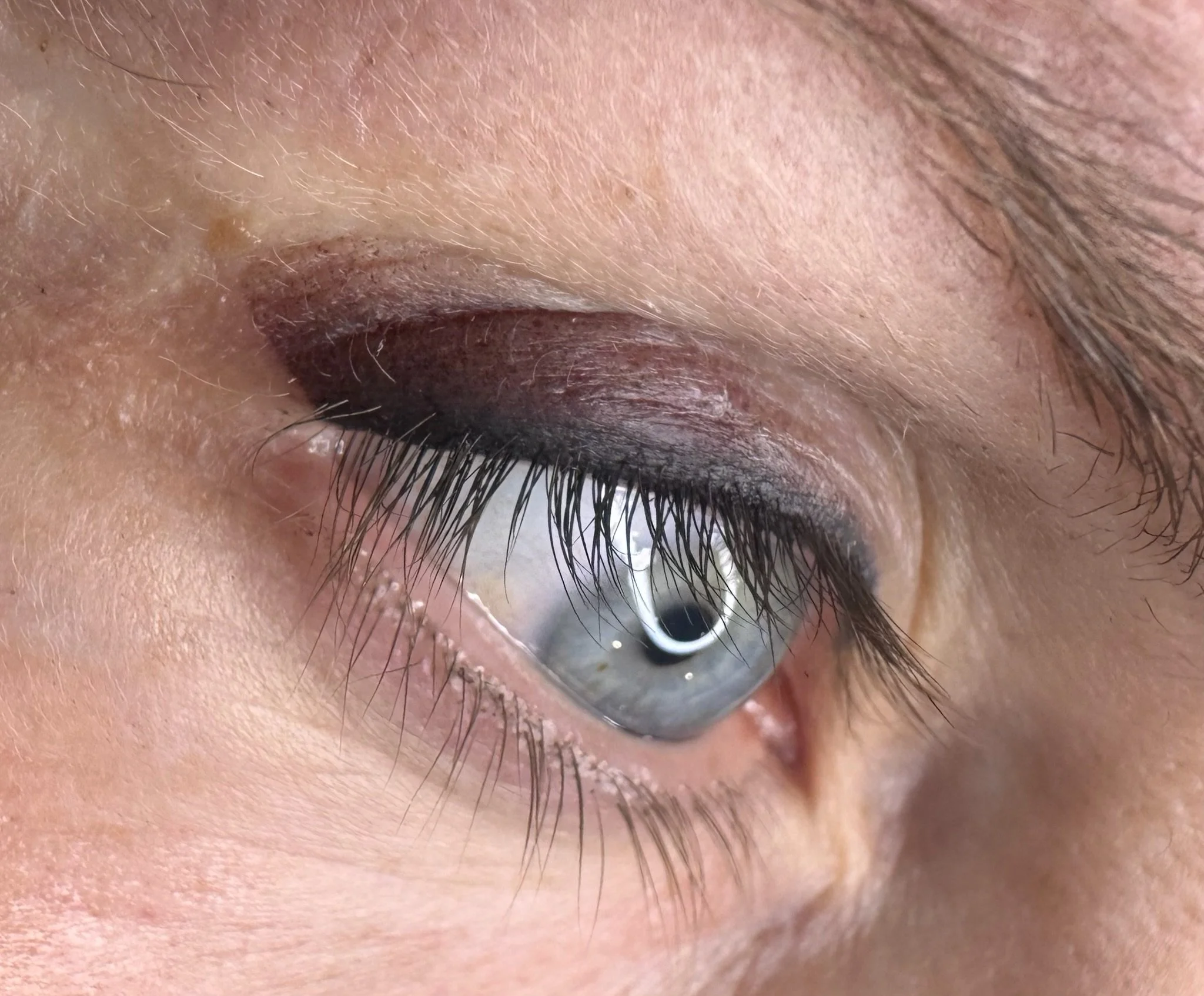 Close-up of a person's eye with makeup, showing the eyelashes, eyelid, and iris.