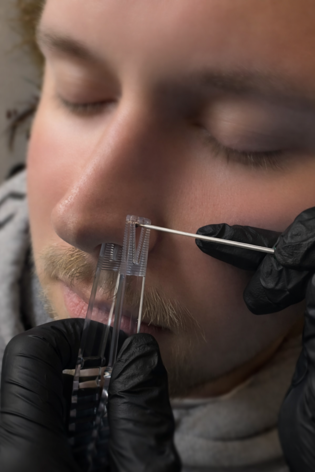 A person with closed eyes receives a nose piercing from a professional using a needle and piercing tools in a close-up shot.
