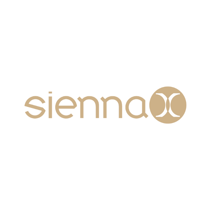 Sienna logo with stylized text and circular emblem on a black background.