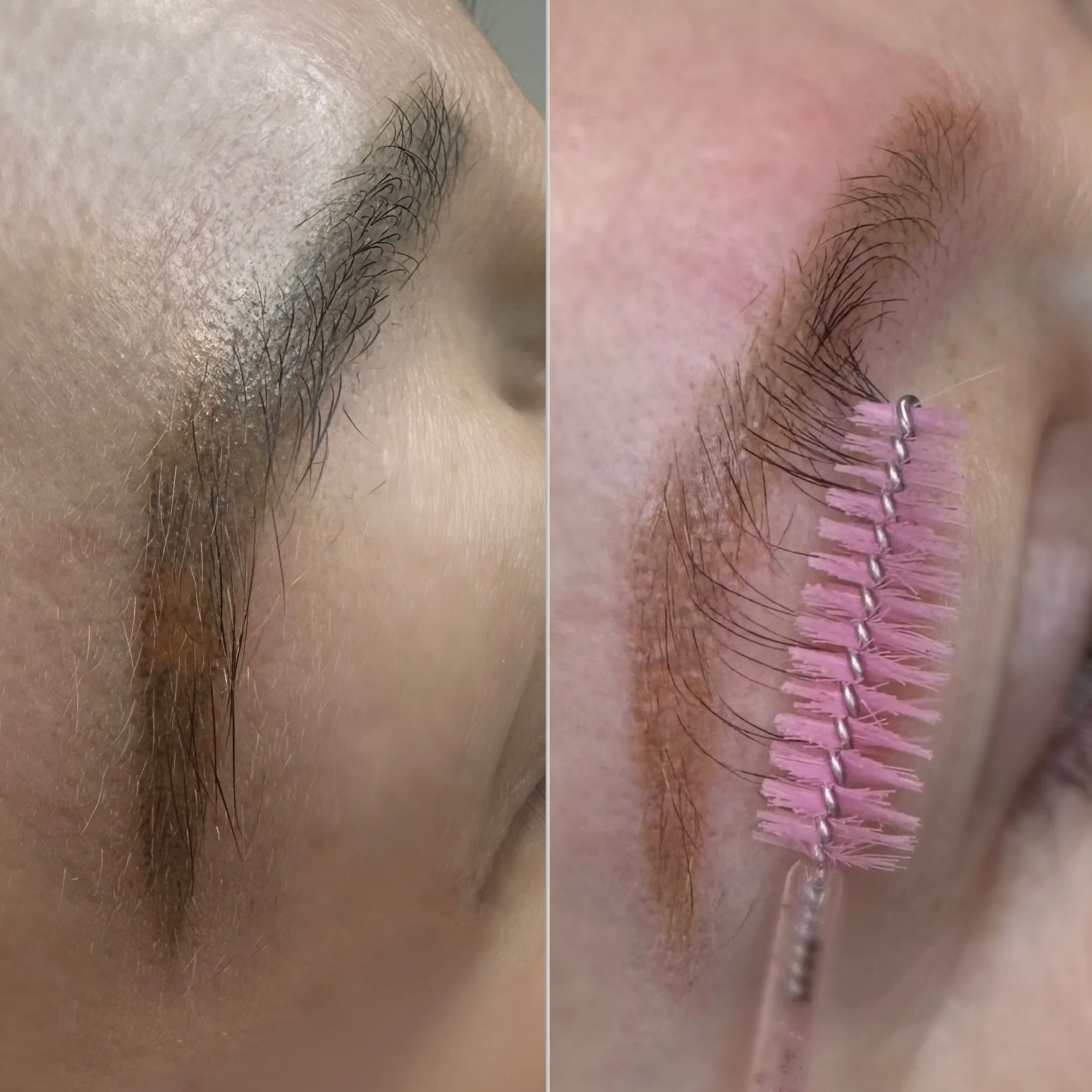 Close-up of an eyebrow before and after eyelash extension application, showing natural eyelashes on the left and newly applied pink eyelash extensions on the right.
