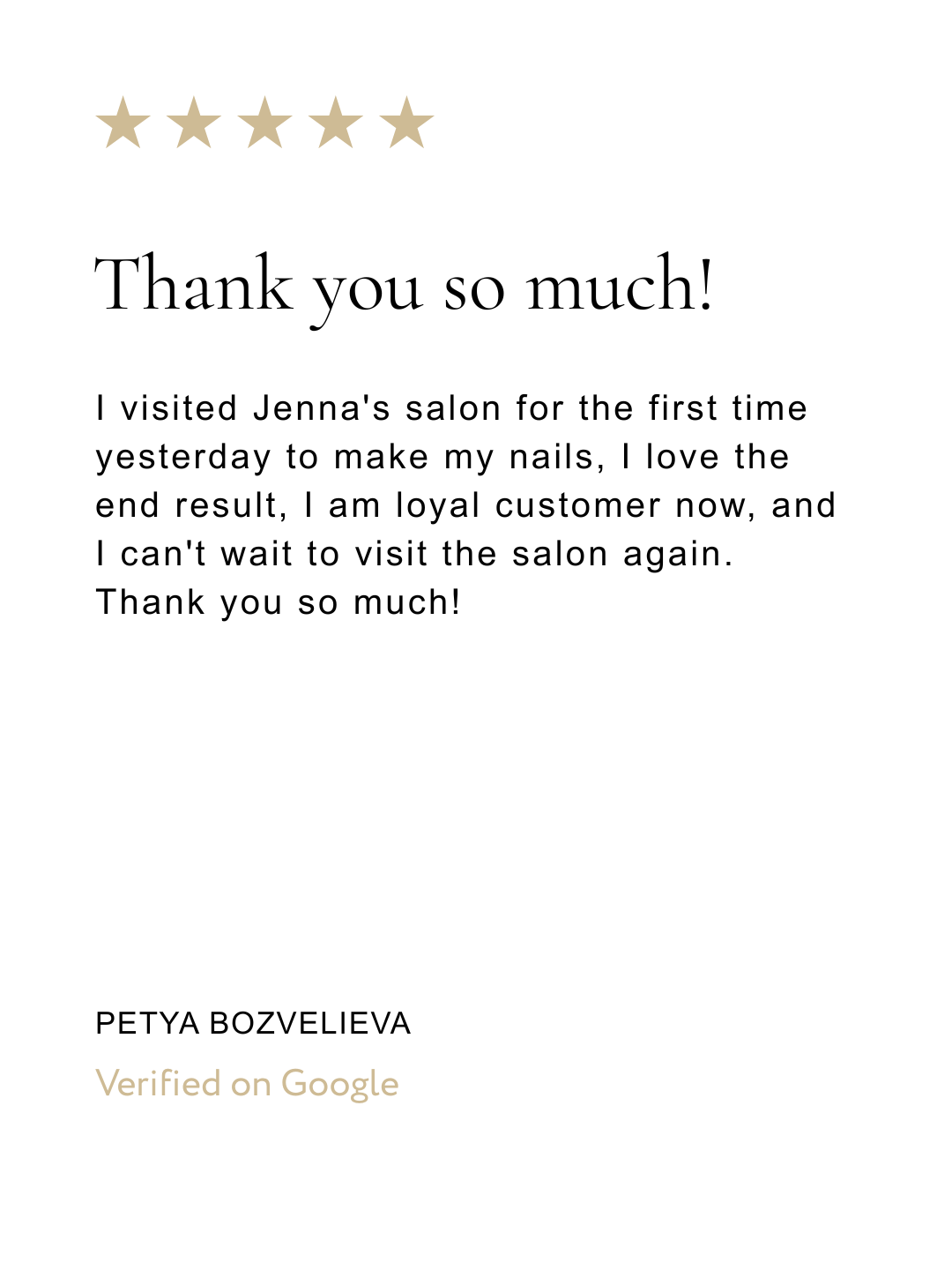A digital review with five gold stars, a thank you message, and a positive customer testimonial about Jenna's salon, signed by Petya Bozlieva and verified on Google.