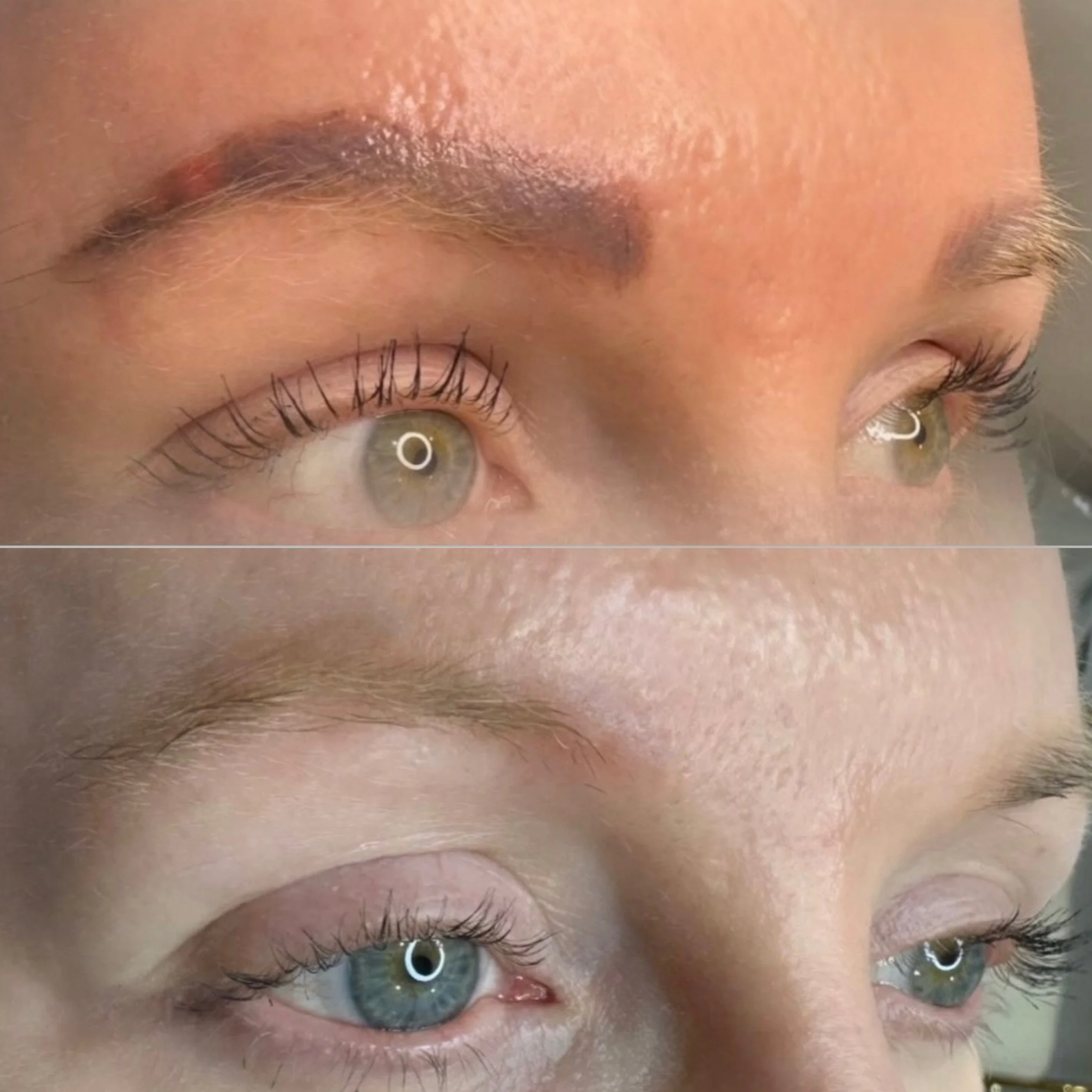 Close-up of a person's face with eyes open, lying down, showing their green eyes and eyelashes.