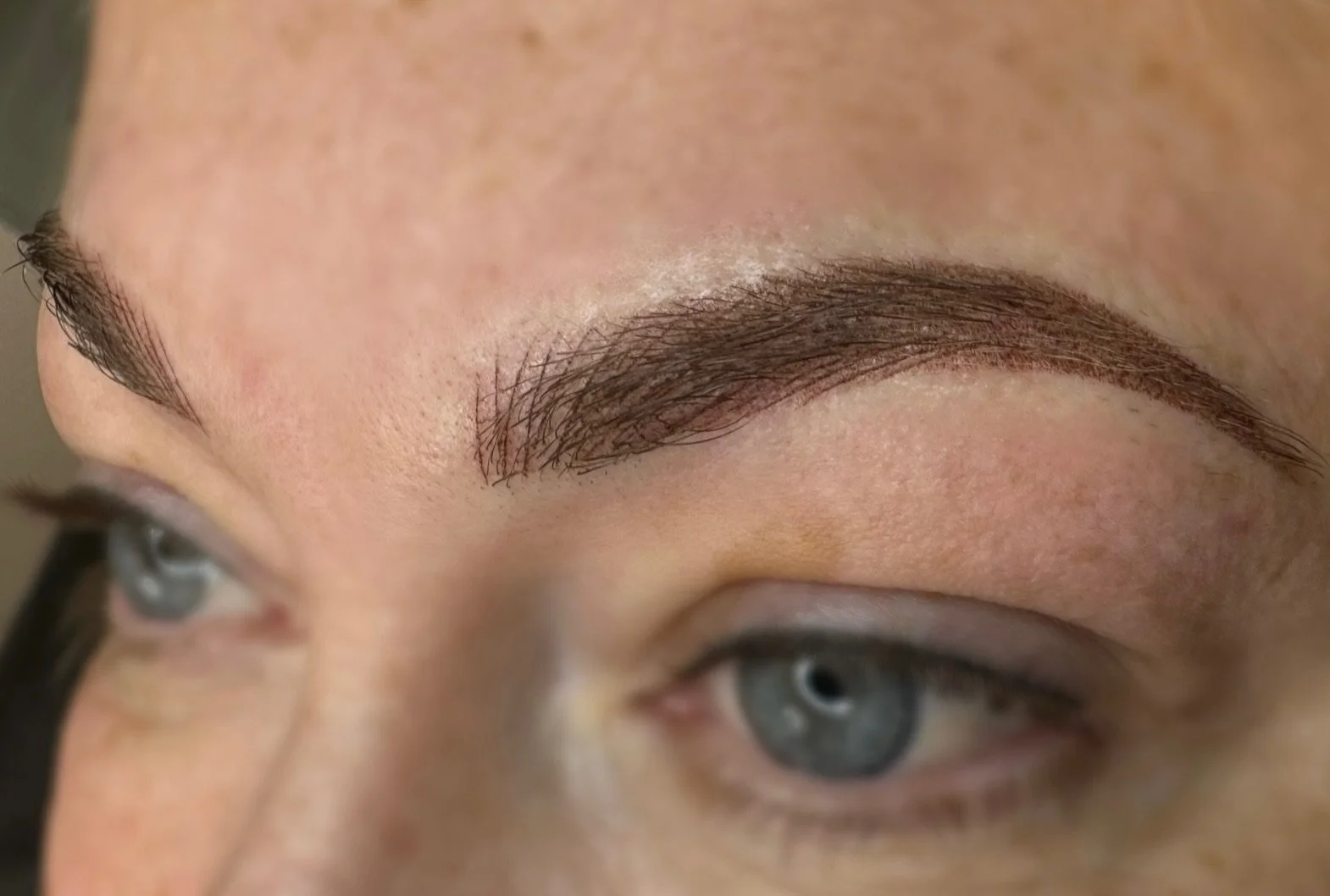 Close-up of a person's eye with well-groomed eyebrows and makeup, showing the skin texture and eye details.