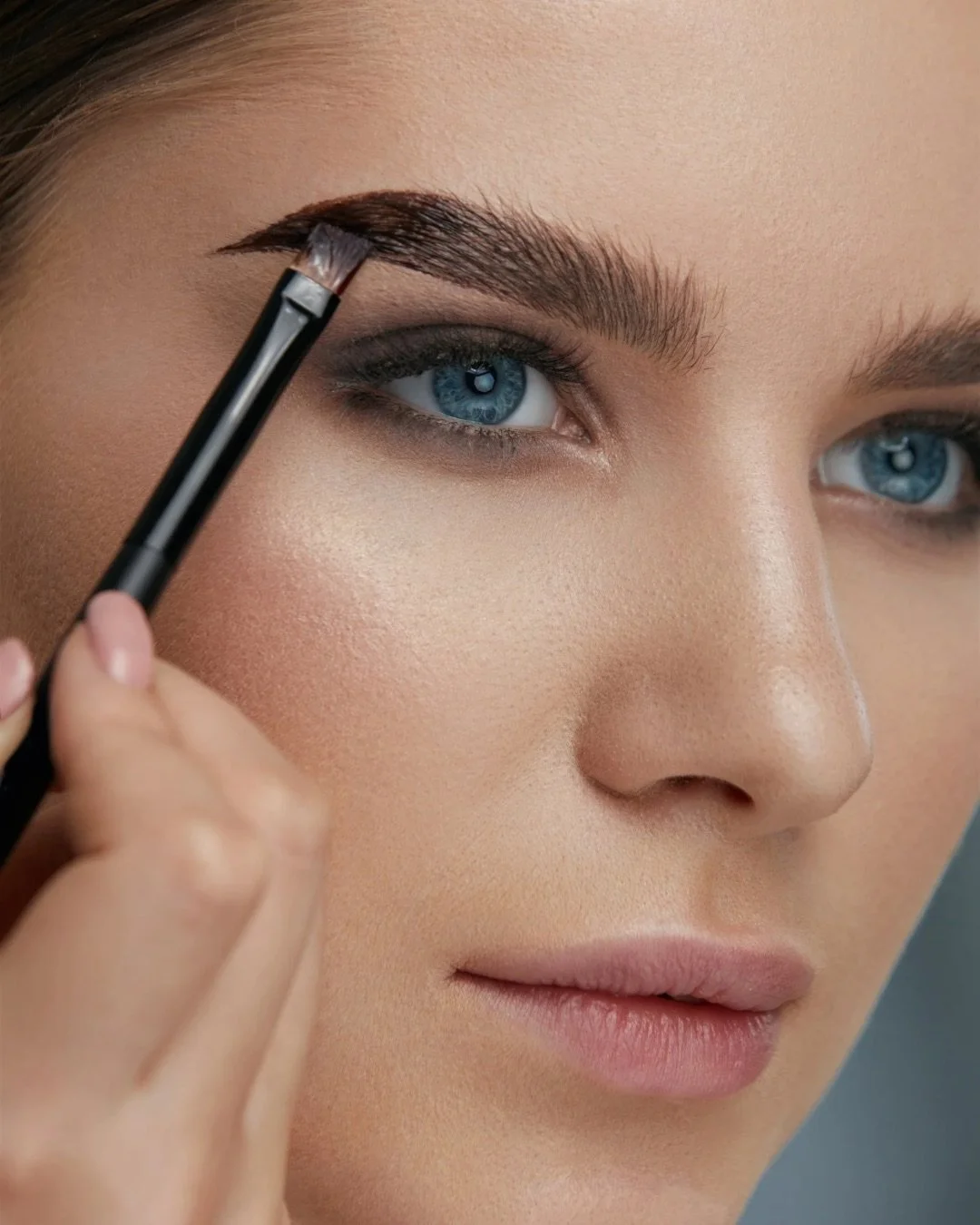 Close-up of a woman applying eyeshadow with a brush. She has blue eyes, well-groomed eyebrows, and smooth skin.