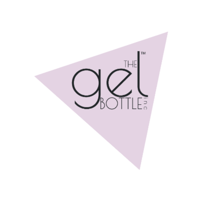 Logo for The Gel Bottle Inc. with a purple triangle background and stylized text.