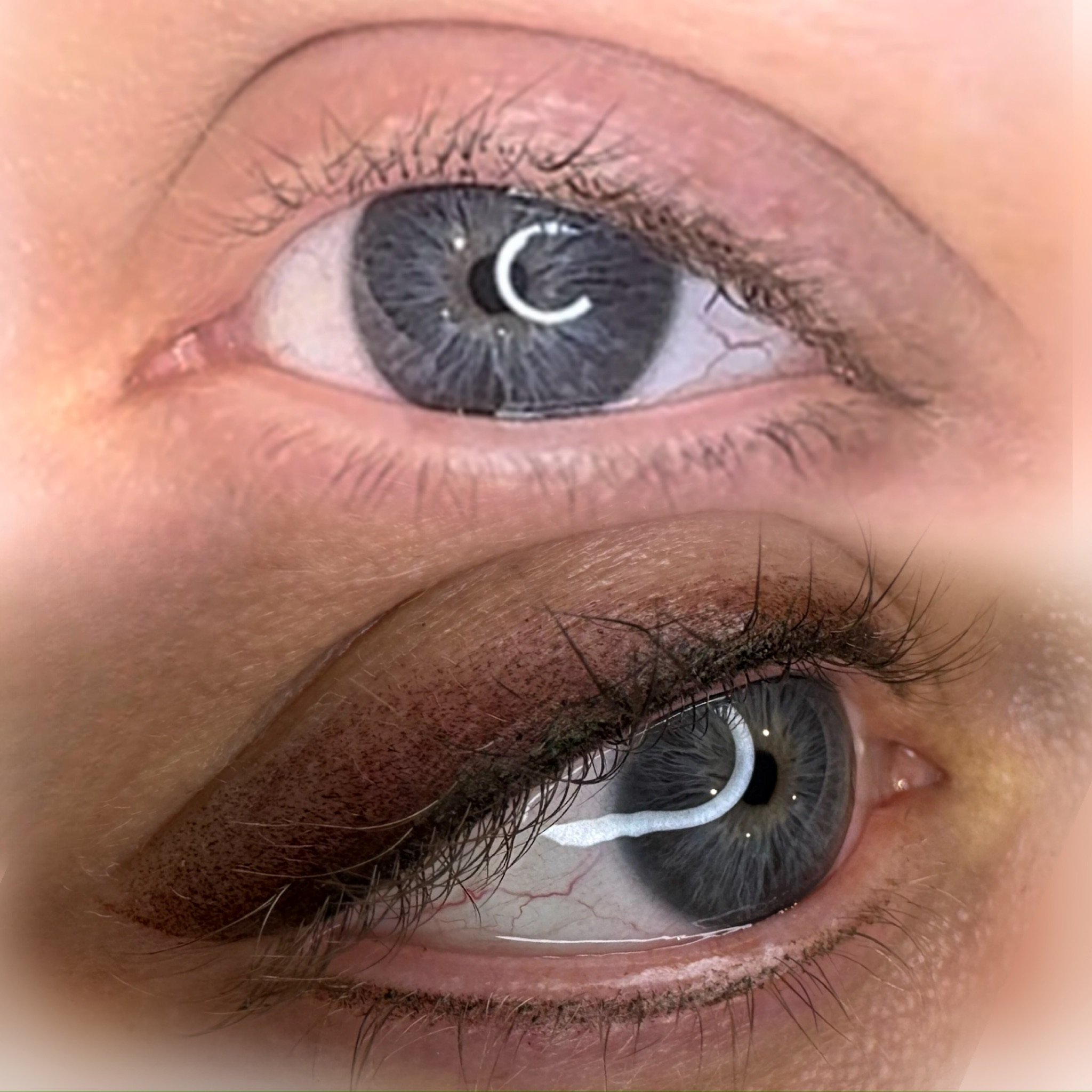 Close-up of two human eyes with blue irises, eye makeup, and reflections in the pupils.