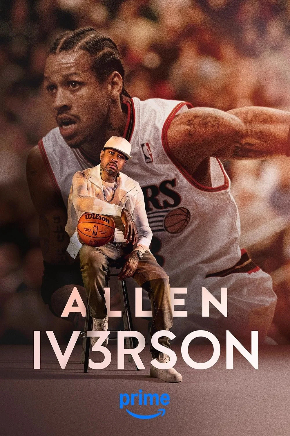 Poster featuring Allen Iverson with a large background image of him playing basketball, wearing a jersey, and sitting in front with a basketaball, for the show 'Allen IV'3 RSON' on Prime.