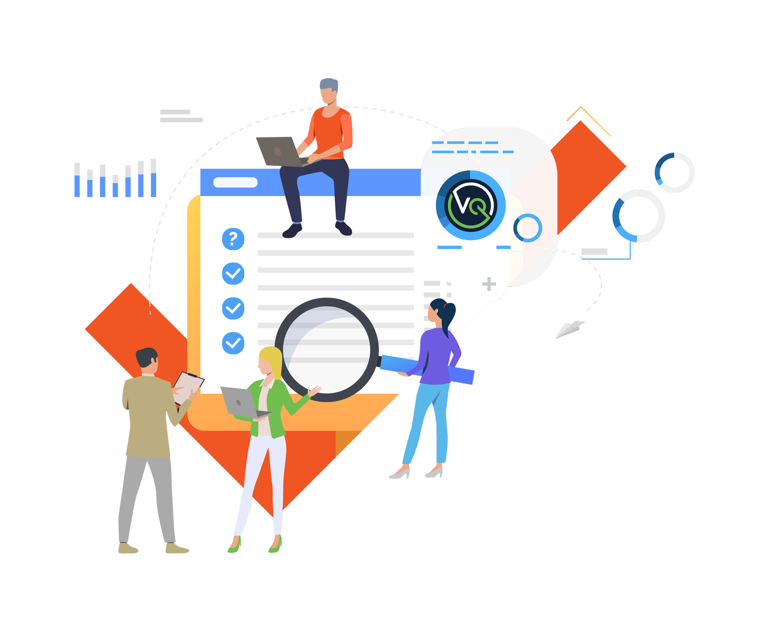 Illustration of people discussing data analysis, with charts and graphs, and a person working on a laptop in front of a large document or report.