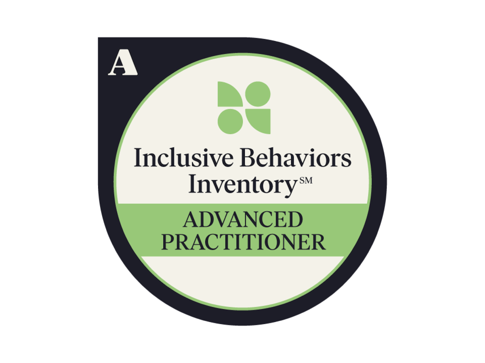 Certification badge for Inclusive Behaviors Inventory Advanced Practitioner, with a green and white circular design and dark background.