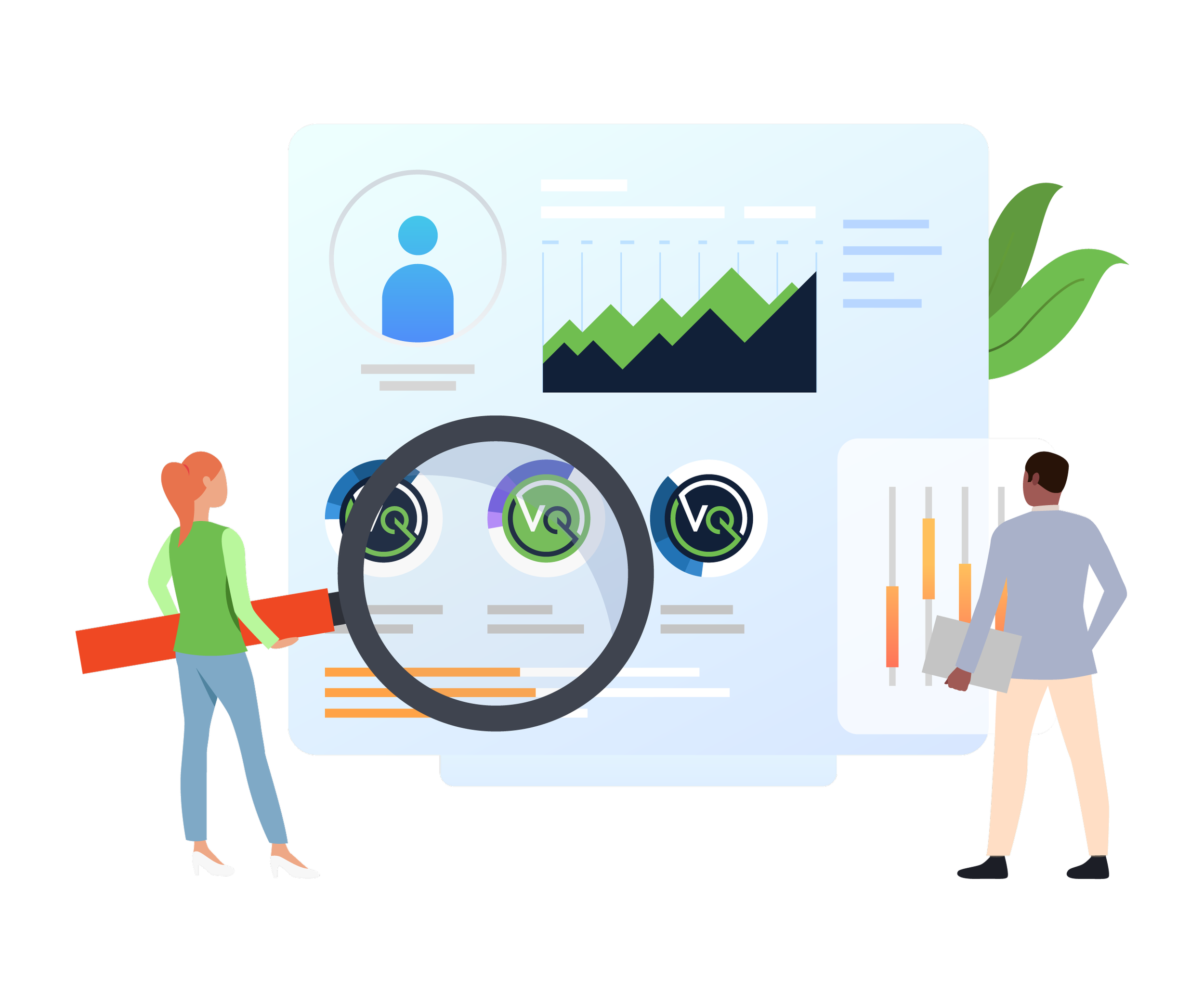 Illustration of two people, a woman with red hair and a man with dark hair, interacting with a large display showing various charts and graphs related to data analysis.