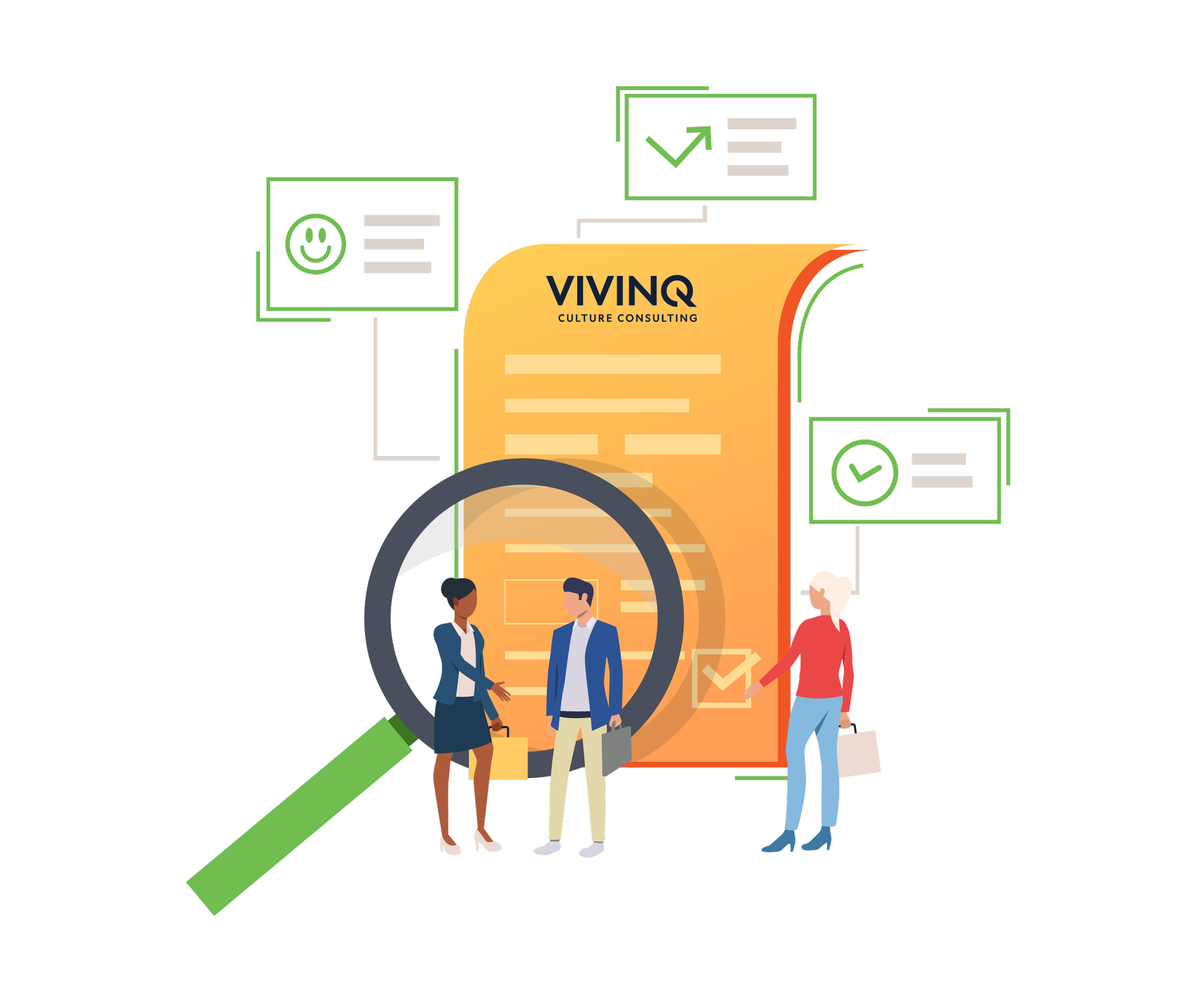 Illustration of a vehicle dashboard with a large orange display titled 'VIVINQ CULTURE CONSULTING.' The display shows two people shaking hands, while three individuals stand nearby, two with shopping bags and one with a briefcase. Several computer screens surround the dashboard, displaying various icons including a smiley face, check marks, and layered graphics.