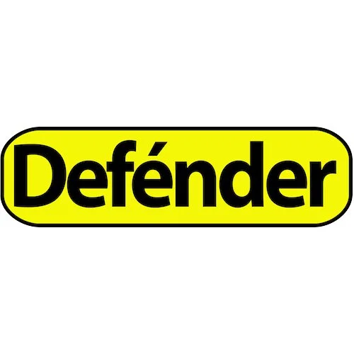 Logo con la palabra 'Defender' en letras negras sobre un fondo amarillo con borde negro