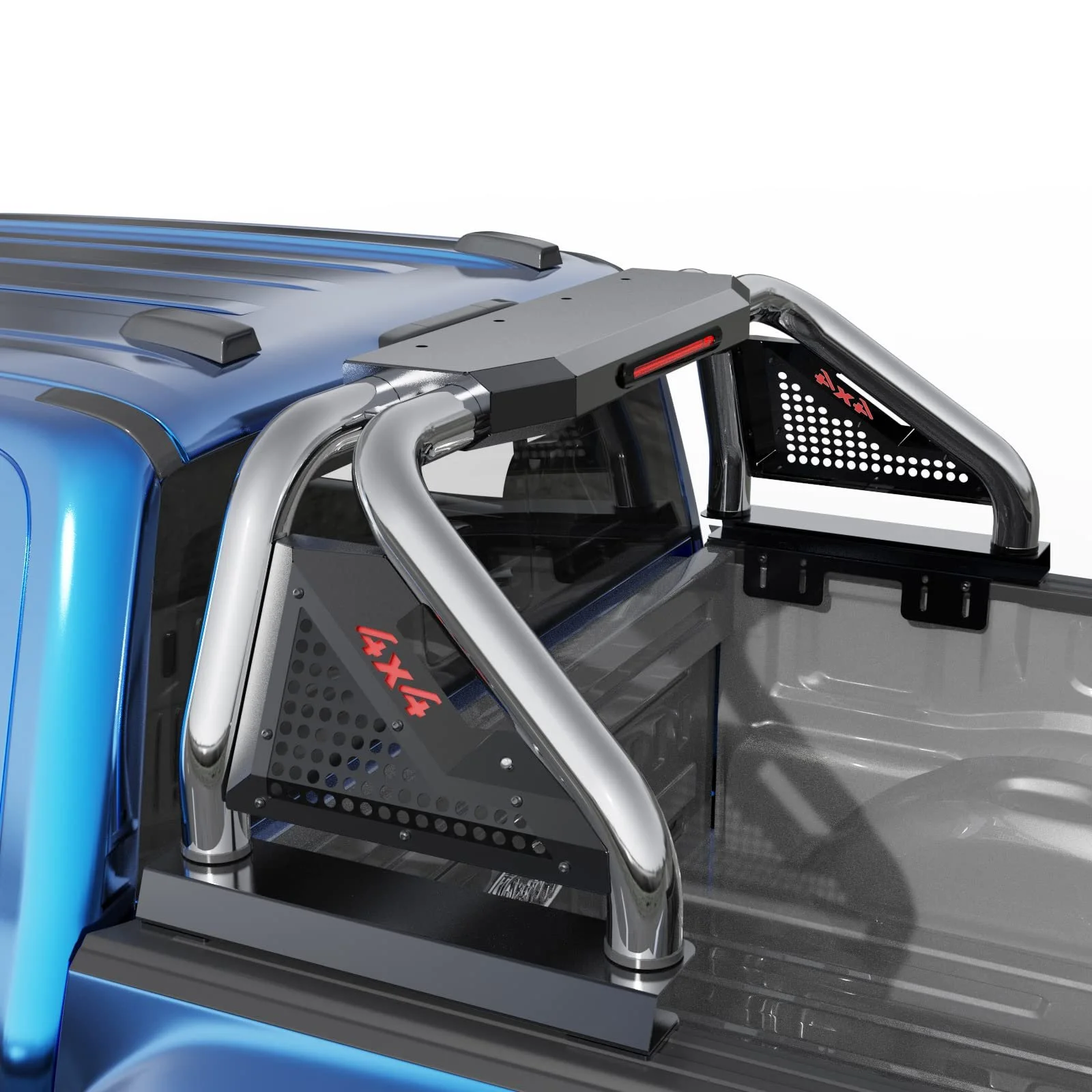 Detalle de la parte trasera de una camioneta en color azul, mostrando una estructura de barra protector y componentes metálicos en la cabina